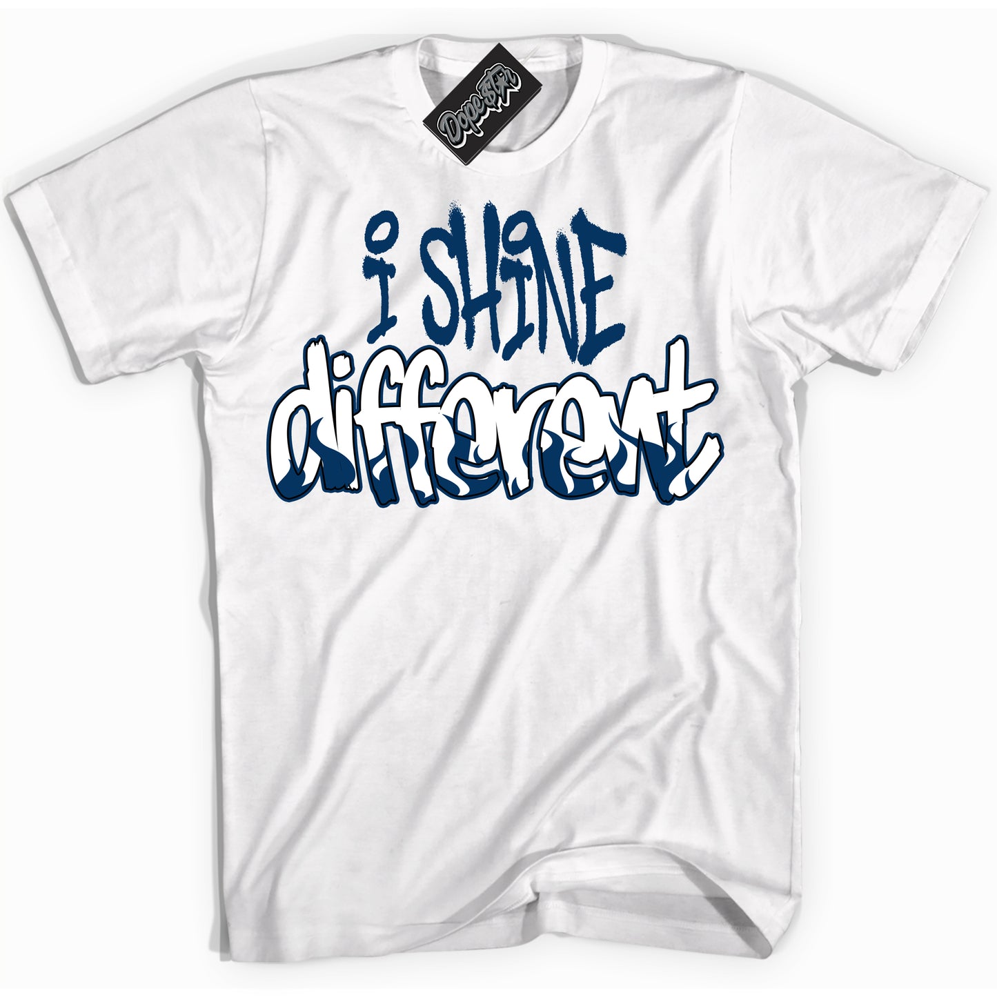 Cool White Shirt with “I Shine Different” design that perfectly matches the Midnight Navy 1s Jordans.