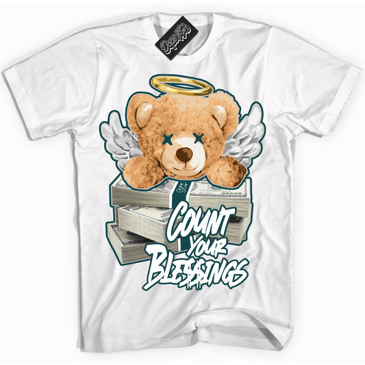 Cool White Shirt with “Count Your Blessings” design that perfectly matches the Oxidized Green 1s Jordans.