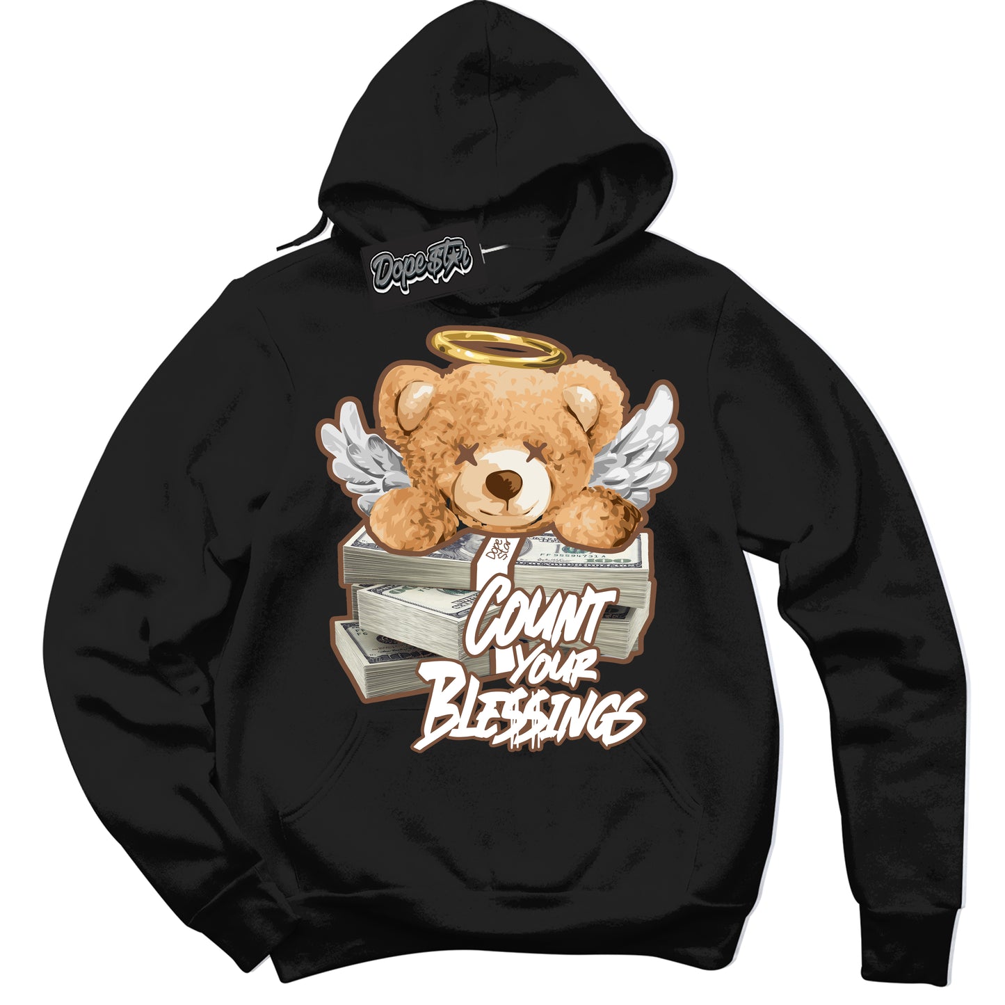 Cool Black Hoodie with “Count Your Blessings” design that Perfectly Matches Archaeo Brown White 1s Jordans.
