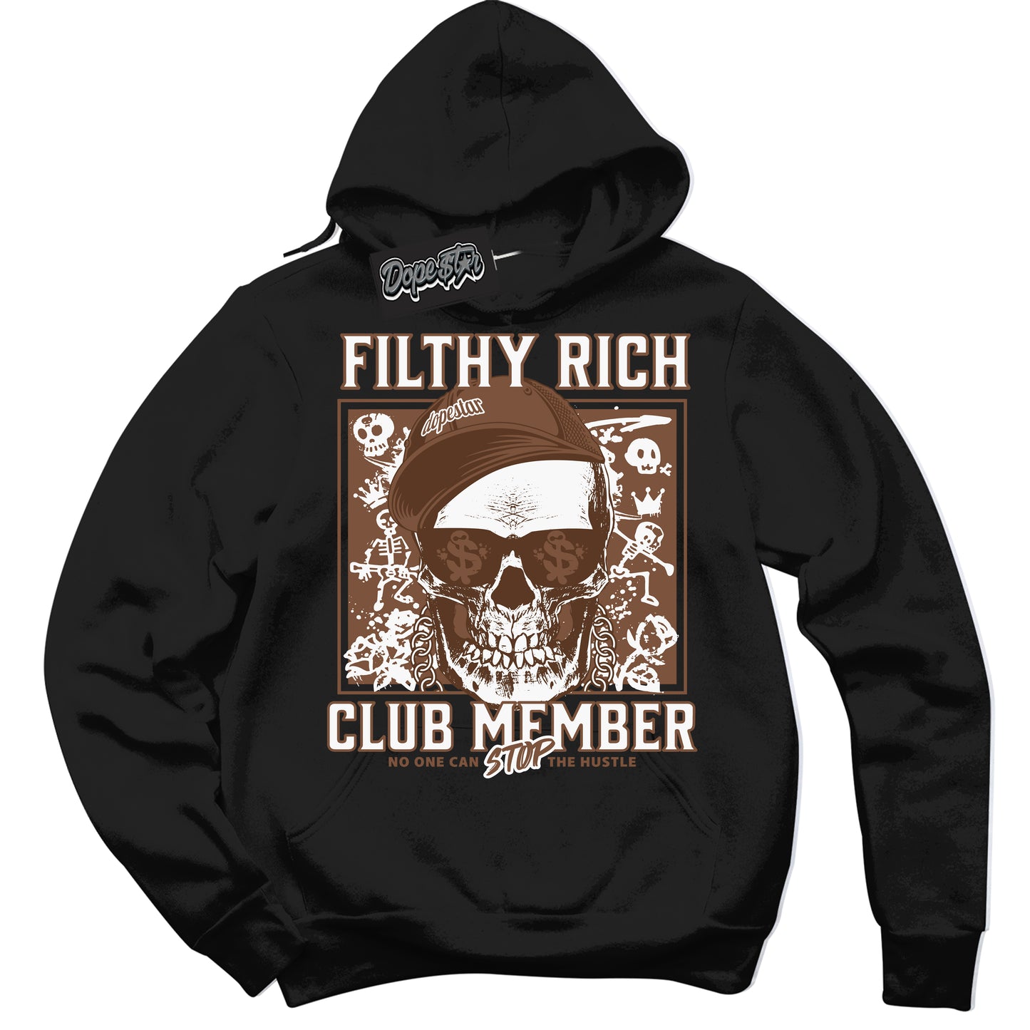 Cool Black Hoodie with “Filthy Rich” design that Perfectly Matches Archaeo Brown White 1s Jordans.
