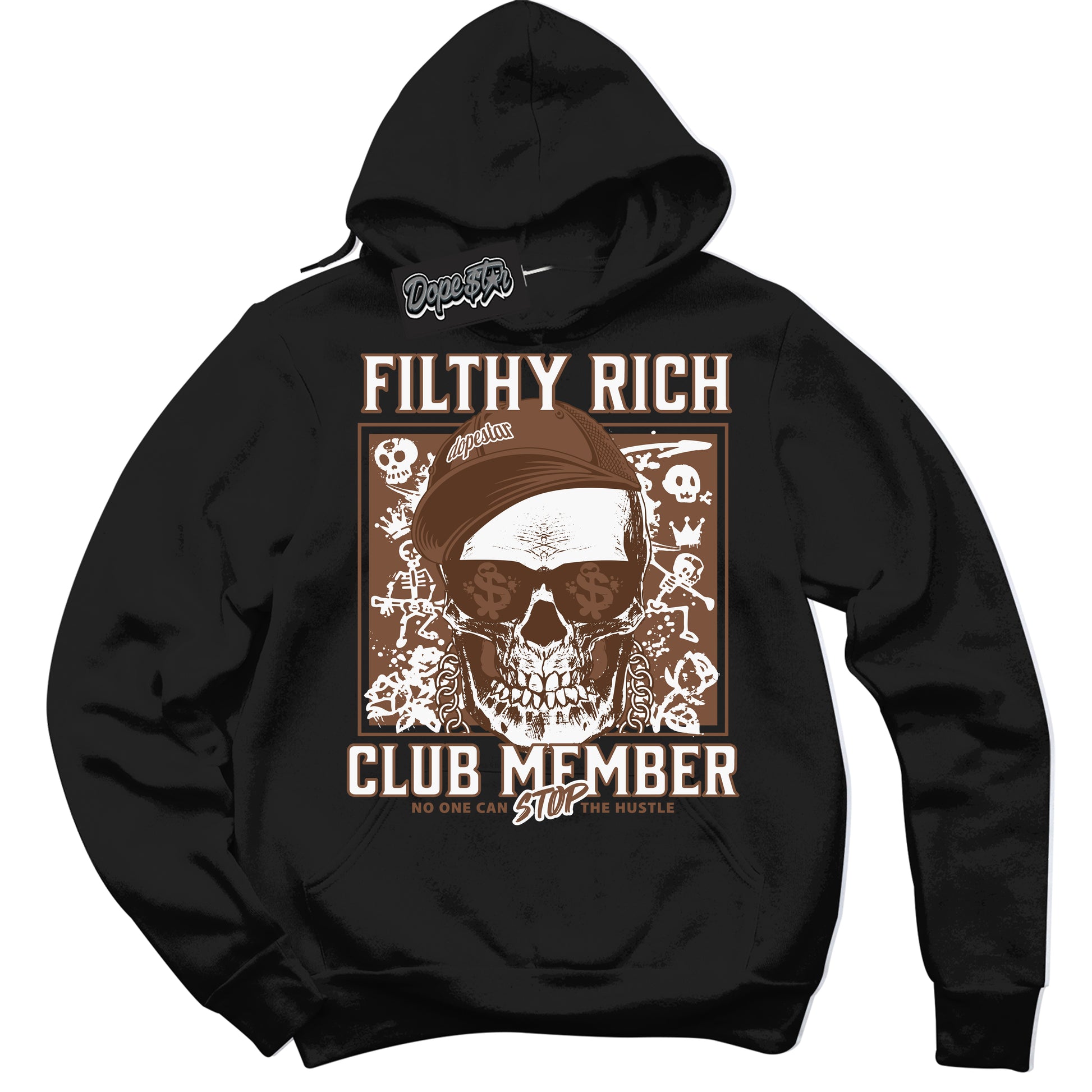 Cool Black Hoodie with “Filthy Rich” design that Perfectly Matches Archaeo Brown White 1s Jordans.

