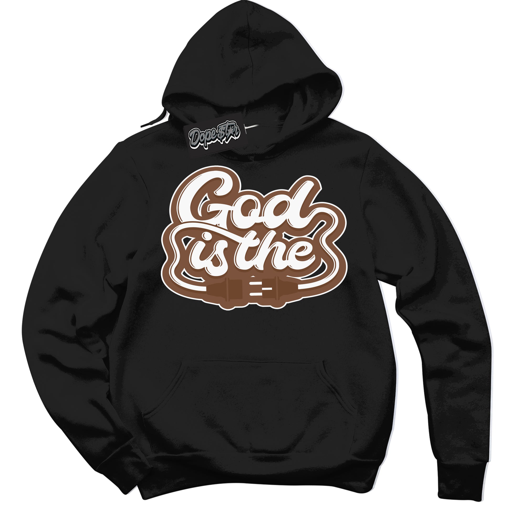 Cool Black Hoodie with “God Is The” design that Perfectly Matches Archaeo Brown White 1s Jordans.
