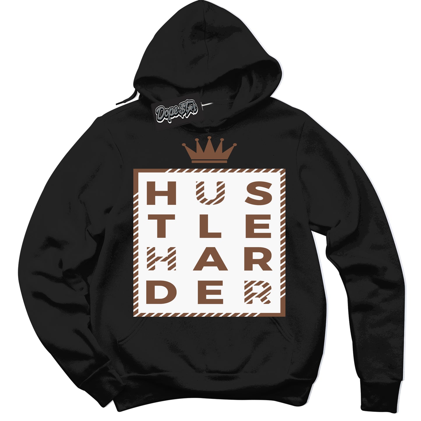 Cool Black Hoodie with “Hustle Harder” design that Perfectly Matches Archaeo Brown White 1s Jordans.

