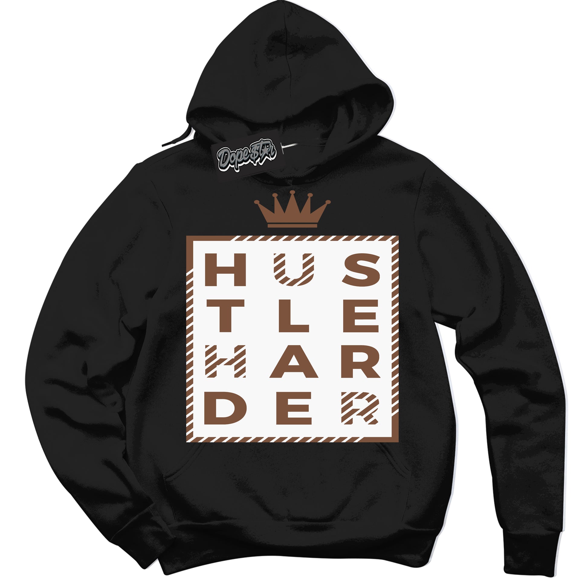 Cool Black Hoodie with “Hustle Harder” design that Perfectly Matches Archaeo Brown White 1s Jordans.
