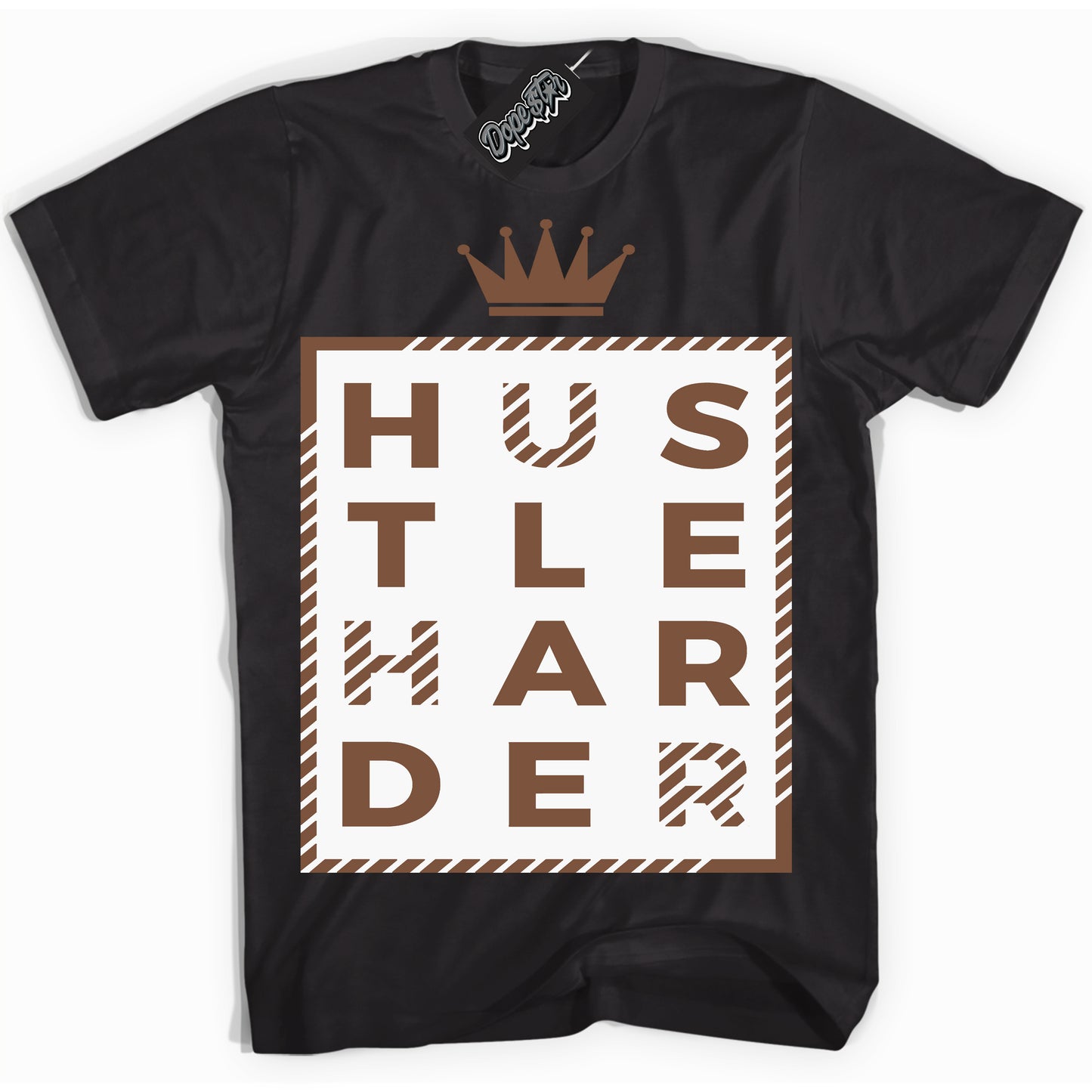 Cool Black Shirt with “Hustle Harder” design that perfectly matches the Archaeo Brown White 1s Jordans.
