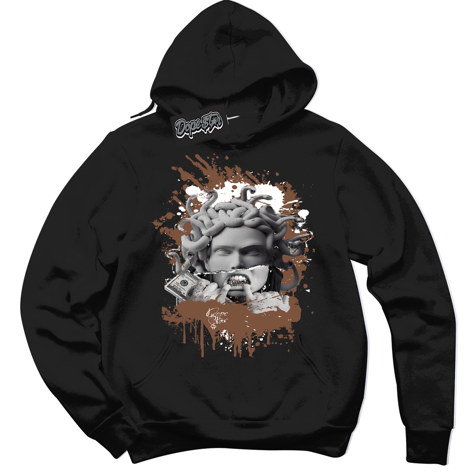 Cool Black Hoodie with “Medusa” design that Perfectly Matches Archaeo Brown White 1s Jordans.