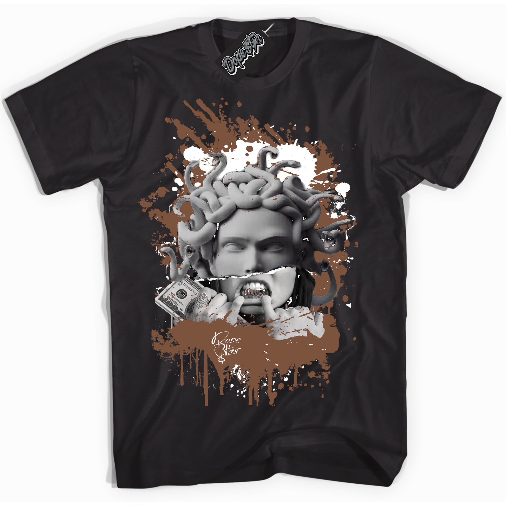 Cool Black Shirt with “Medusa” design that perfectly matches the Archaeo Brown White 1s Jordans.
