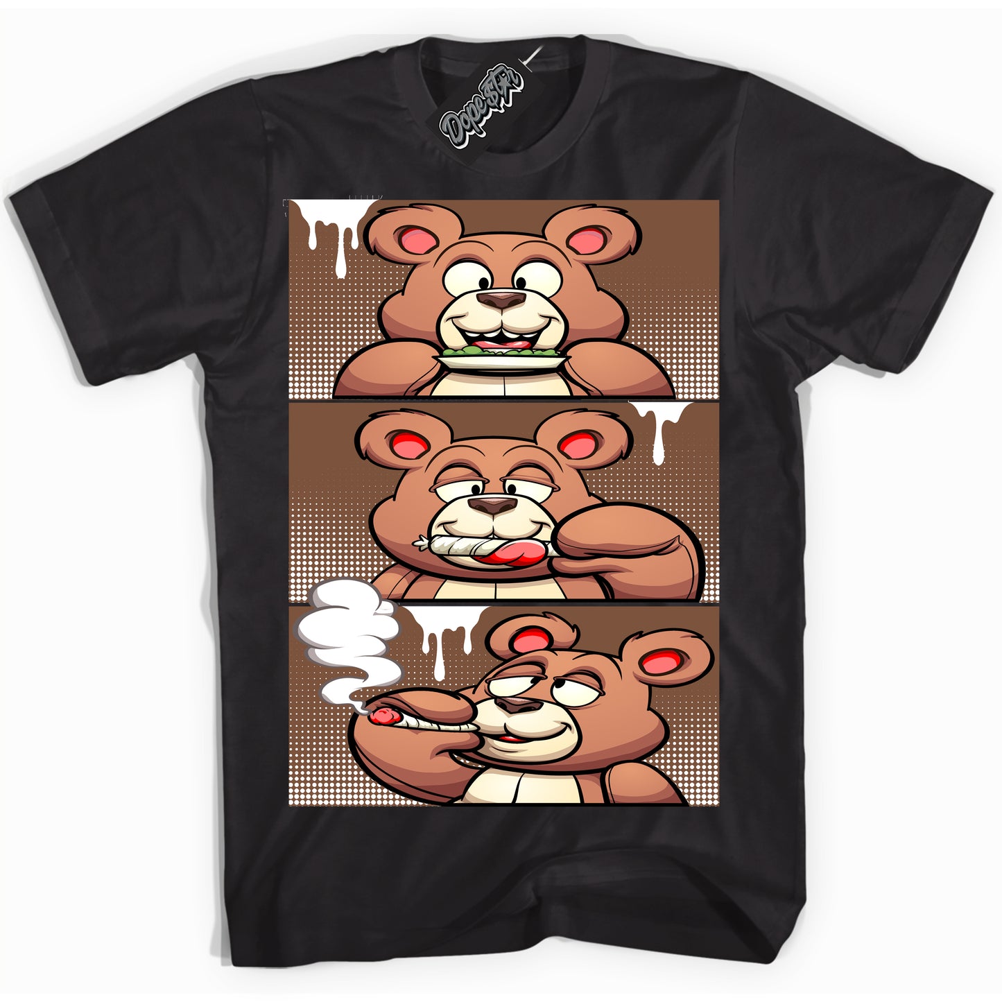 Cool Black Shirt with “Roll It Lick It Smoke It Bear” design that perfectly matches the Archaeo Brown White 1s Jordans.
