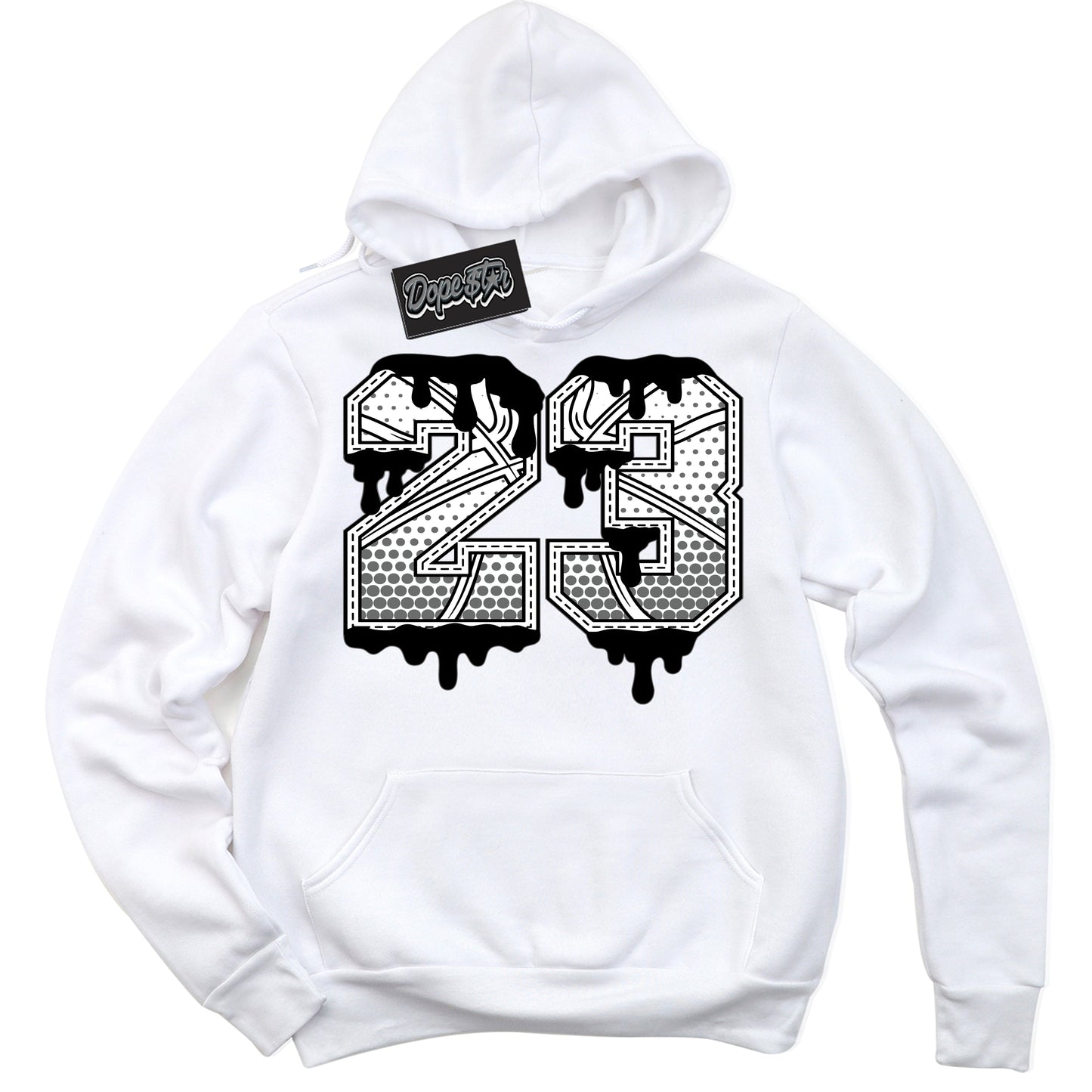 Cool White Hoodie with “23 Ball” design that Perfectly Matches Iron Grey 1s Jordans.
