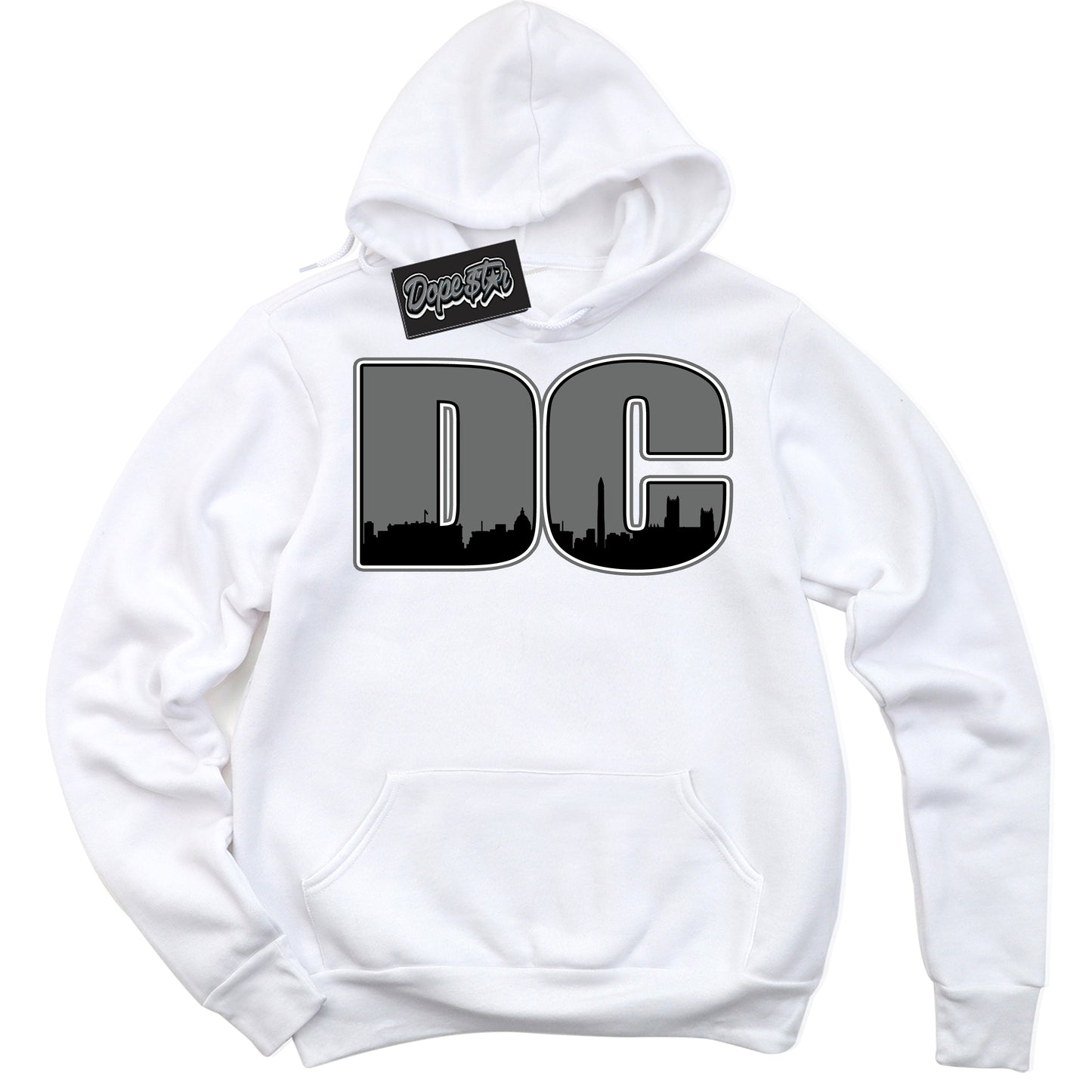 Cool White Hoodie with “DC” design that Perfectly Matches Iron Grey 1s Jordans.