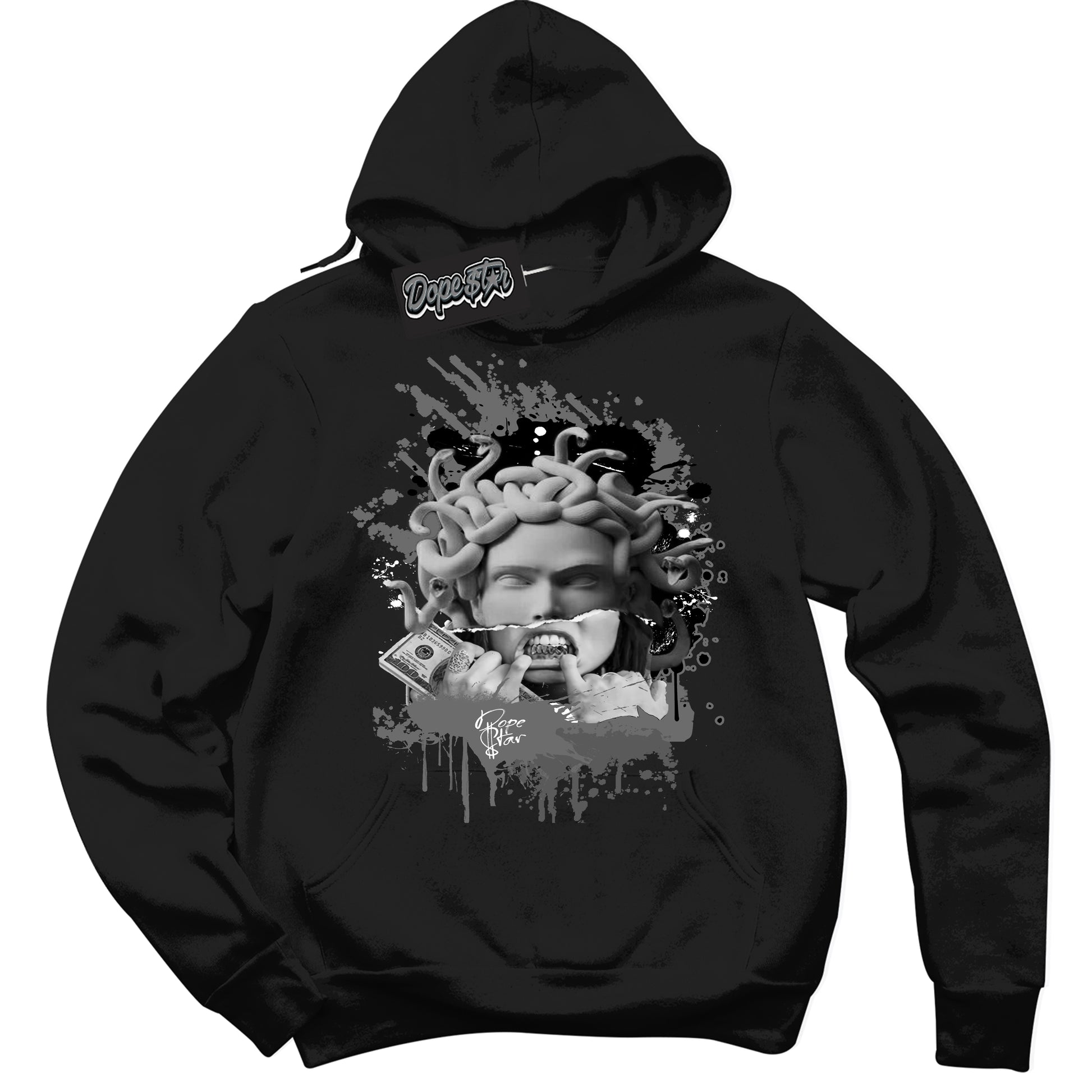 Cool Black Hoodie with “Medusa” design that Perfectly Matches Iron Grey 1s Jordans.
