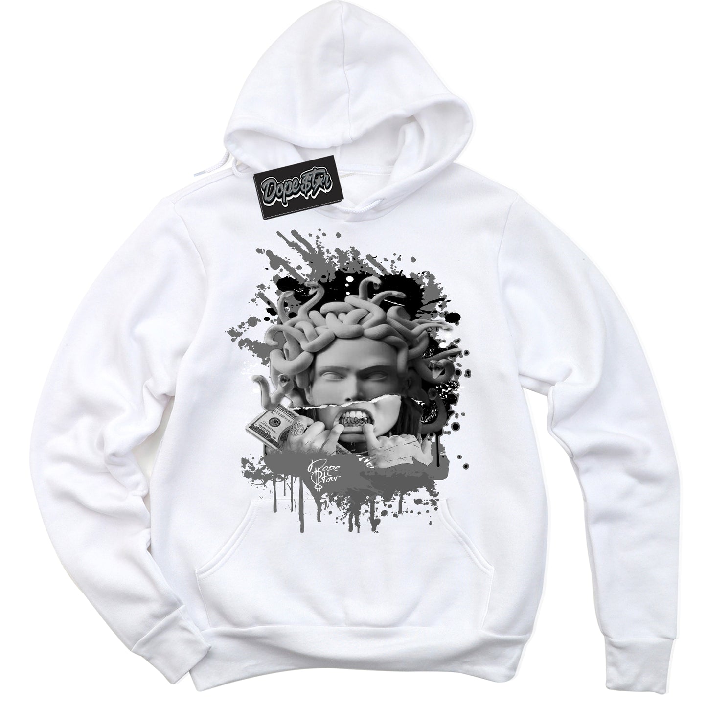 Cool White Hoodie with “Medusa” design that Perfectly Matches Iron Grey 1s Jordans.