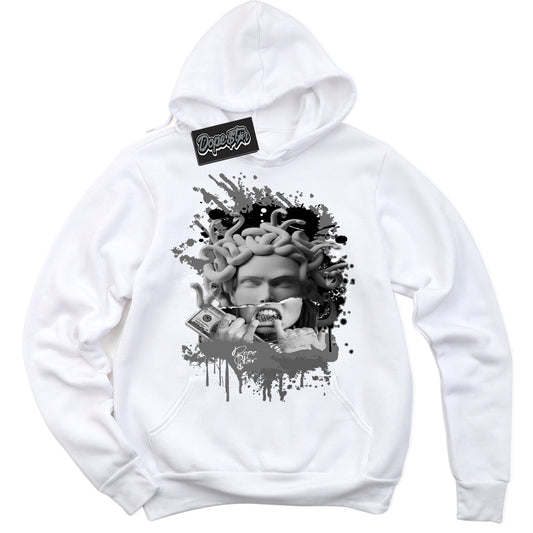 Cool White Hoodie with “Medusa” design that Perfectly Matches Iron Grey 1s Jordans.