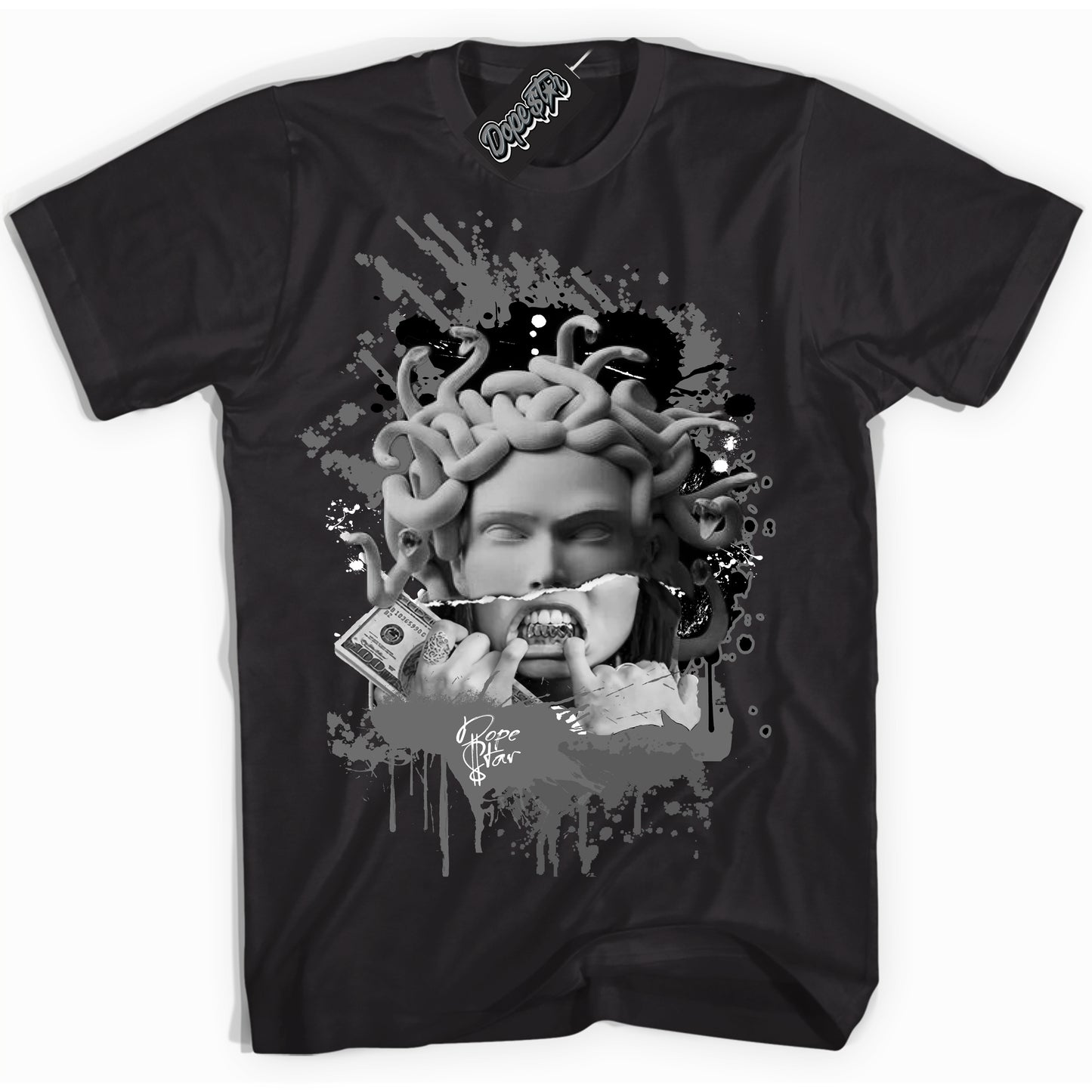 Cool Black Shirt with “Medusa” design that perfectly matches the Iron Grey 1s Jordans.
