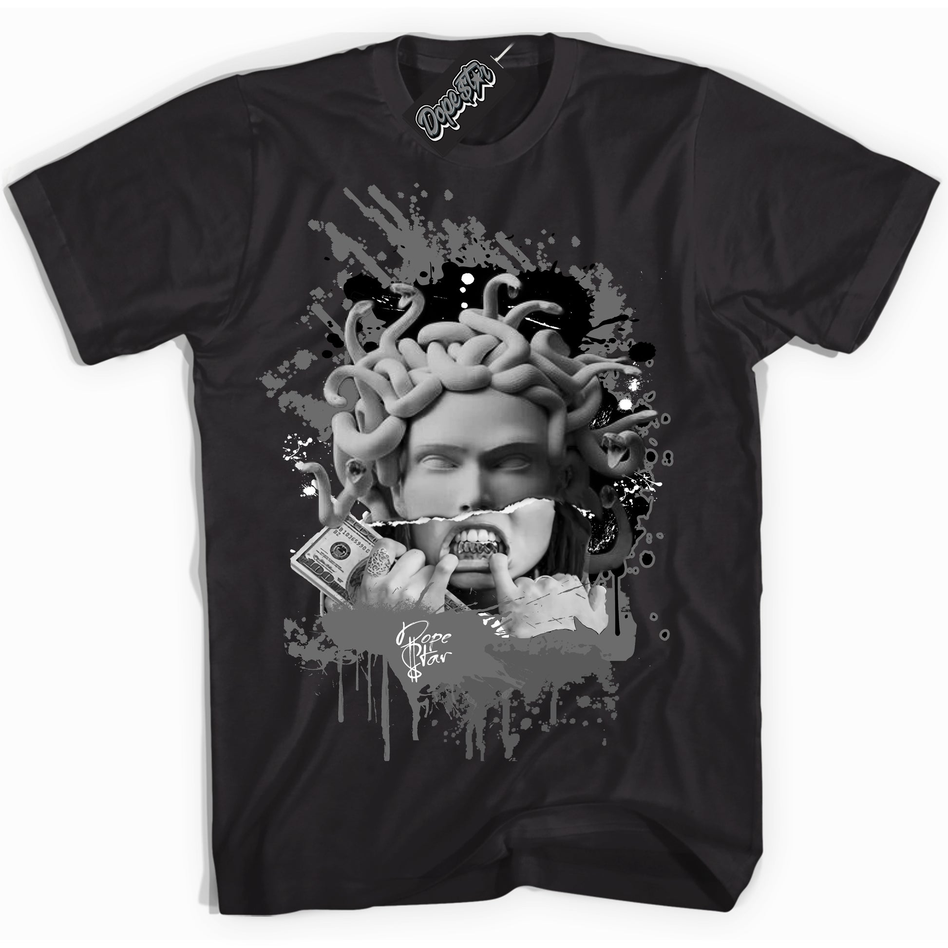 Cool Black Shirt with “Medusa” design that perfectly matches the Iron Grey 1s Jordans.