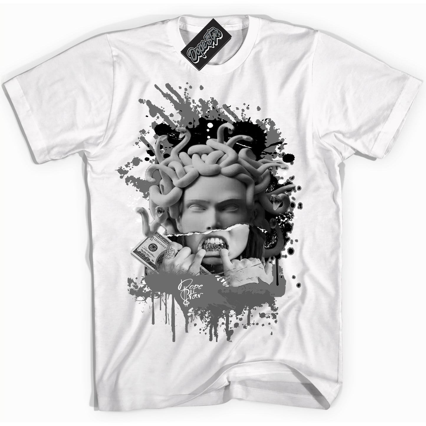 Cool White Shirt with “Medusa” design that perfectly matches the Iron Grey 1s Jordans.
