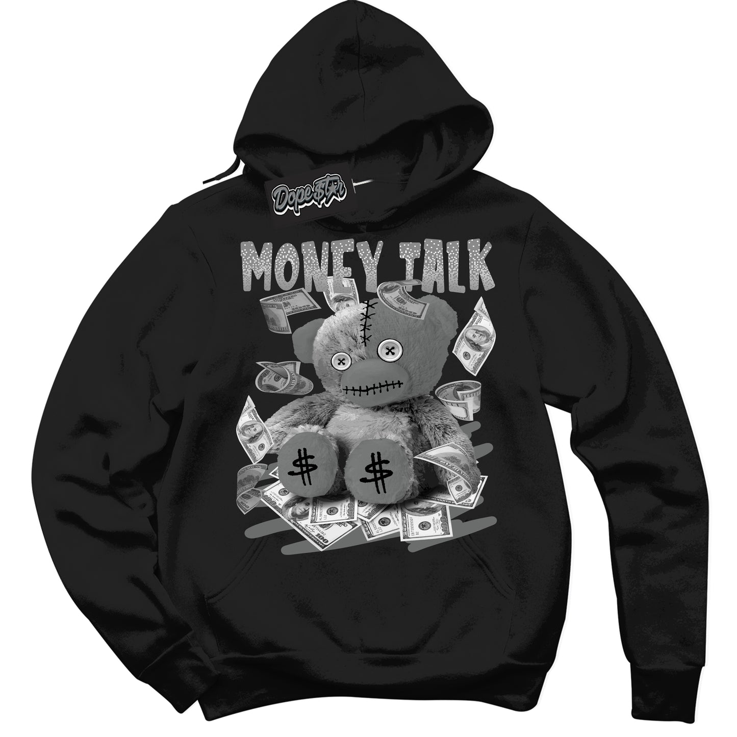 Cool Black Hoodie with “Money Talk Bear” design that Perfectly Matches Iron Grey 1s Jordans.