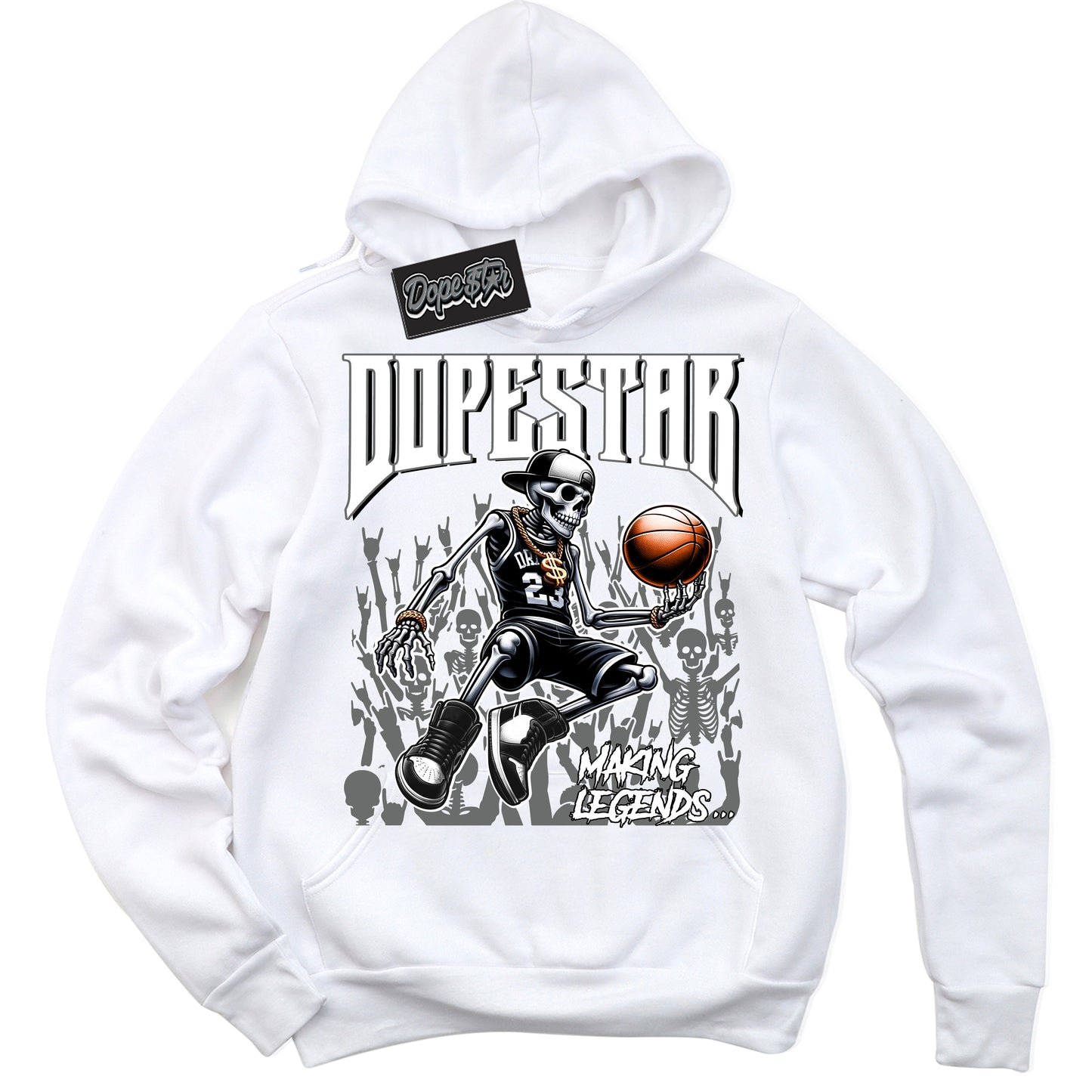 Cool White Hoodie with “Making Legends” design that Perfectly Matches Iron Grey 1s Jordans.