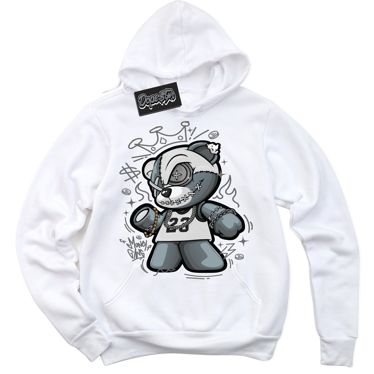 Cool White Hoodie with “Money Gang Bear” design that Perfectly Matches Iron Grey 1s Jordans.