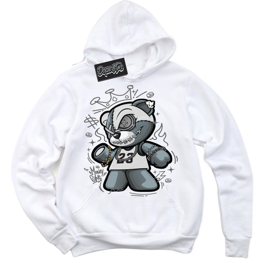 Cool White Hoodie with “Money Gang Bear” design that Perfectly Matches Iron Grey 1s Jordans.