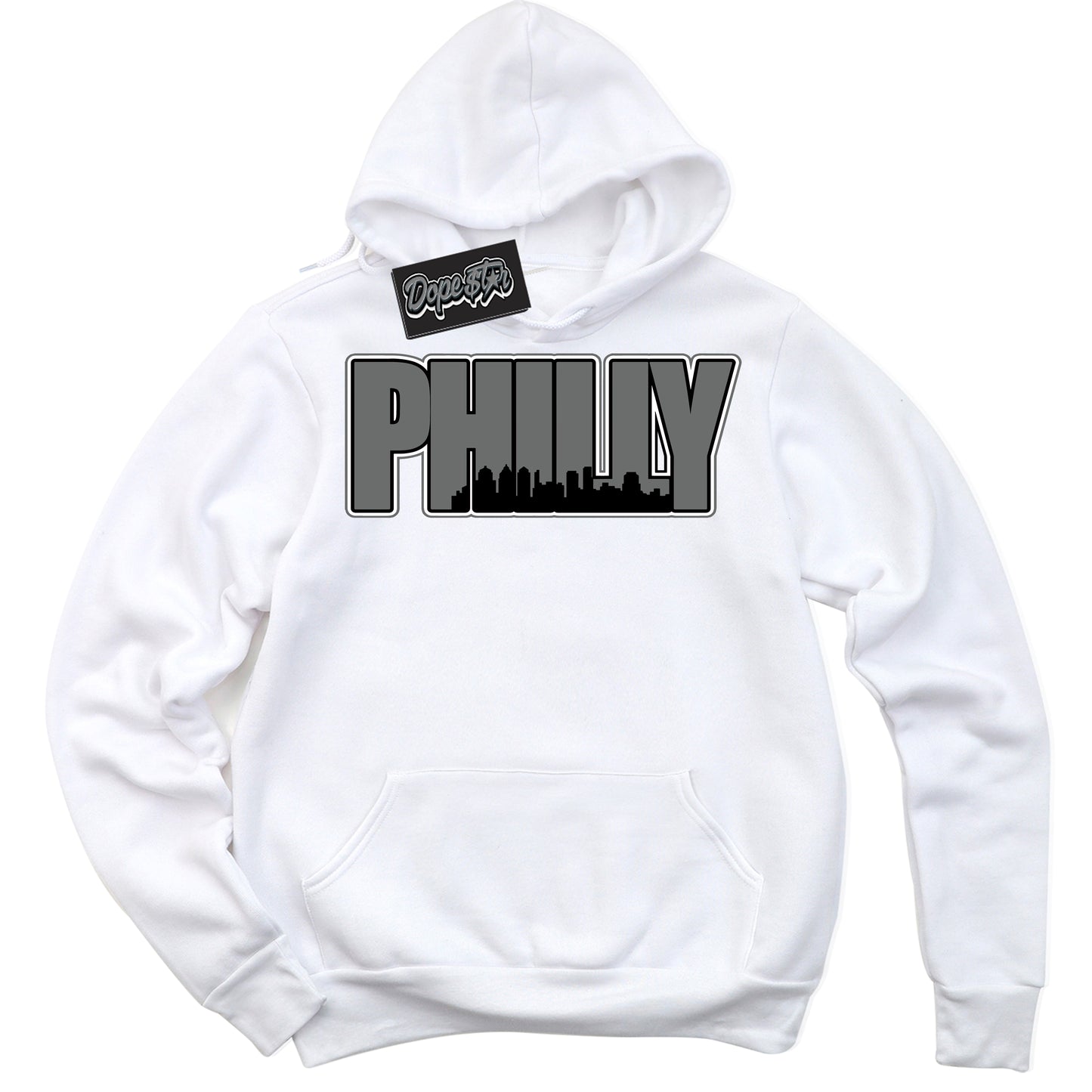 Cool White Hoodie with “Philly” design that Perfectly Matches Iron Grey 1s Jordans.
