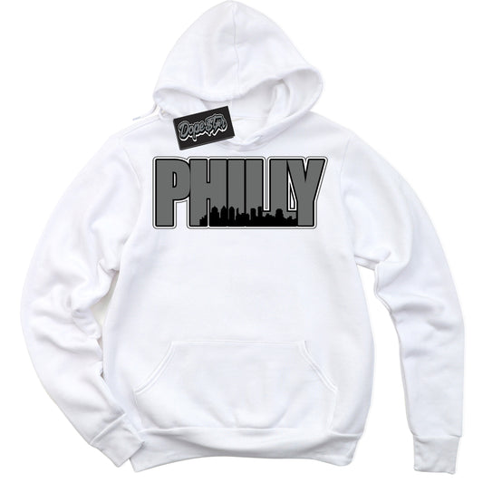 Cool White Hoodie with “Philly” design that Perfectly Matches Iron Grey 1s Jordans.
