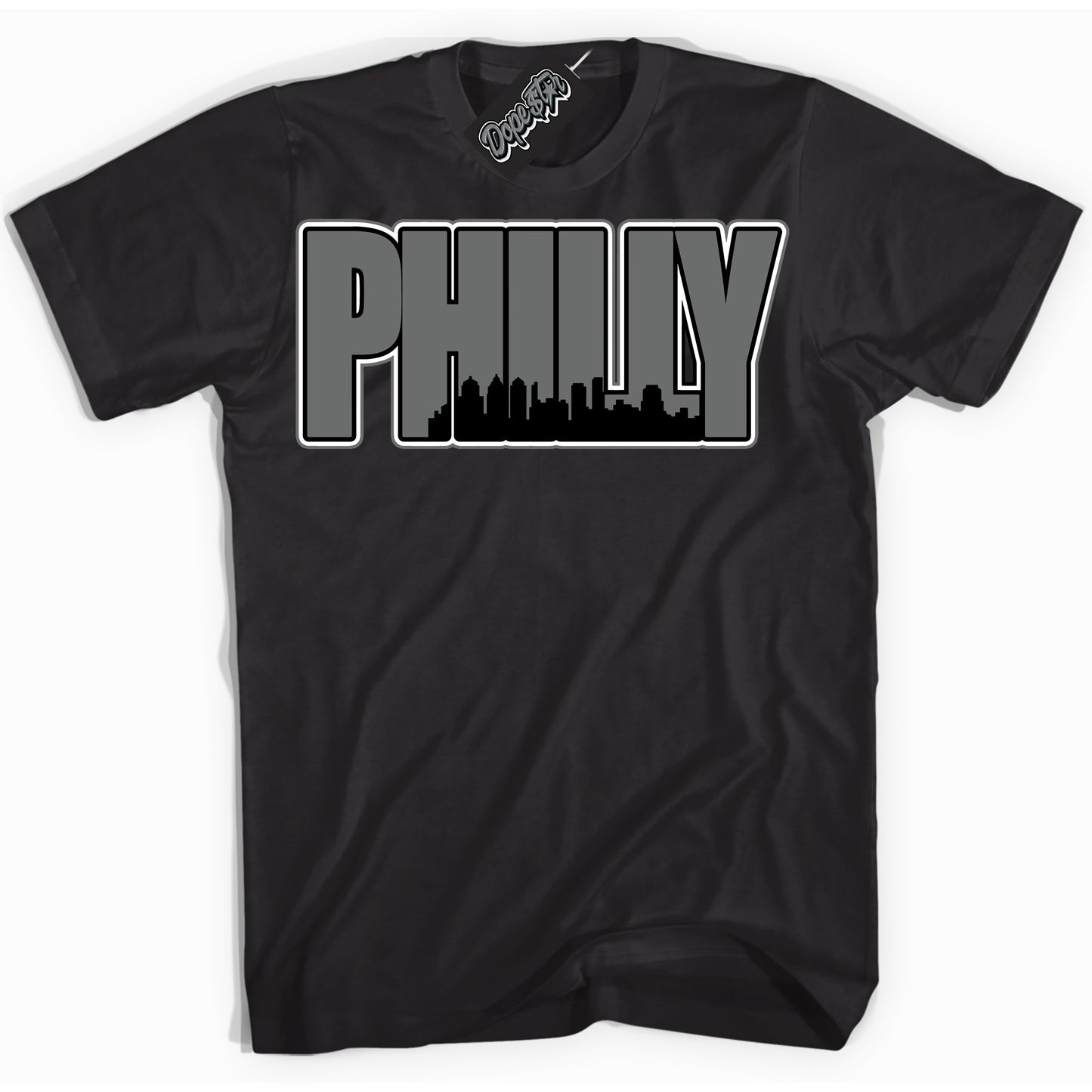 Cool Black Shirt with “Philly” design that perfectly matches the Iron Grey 1s Jordans.