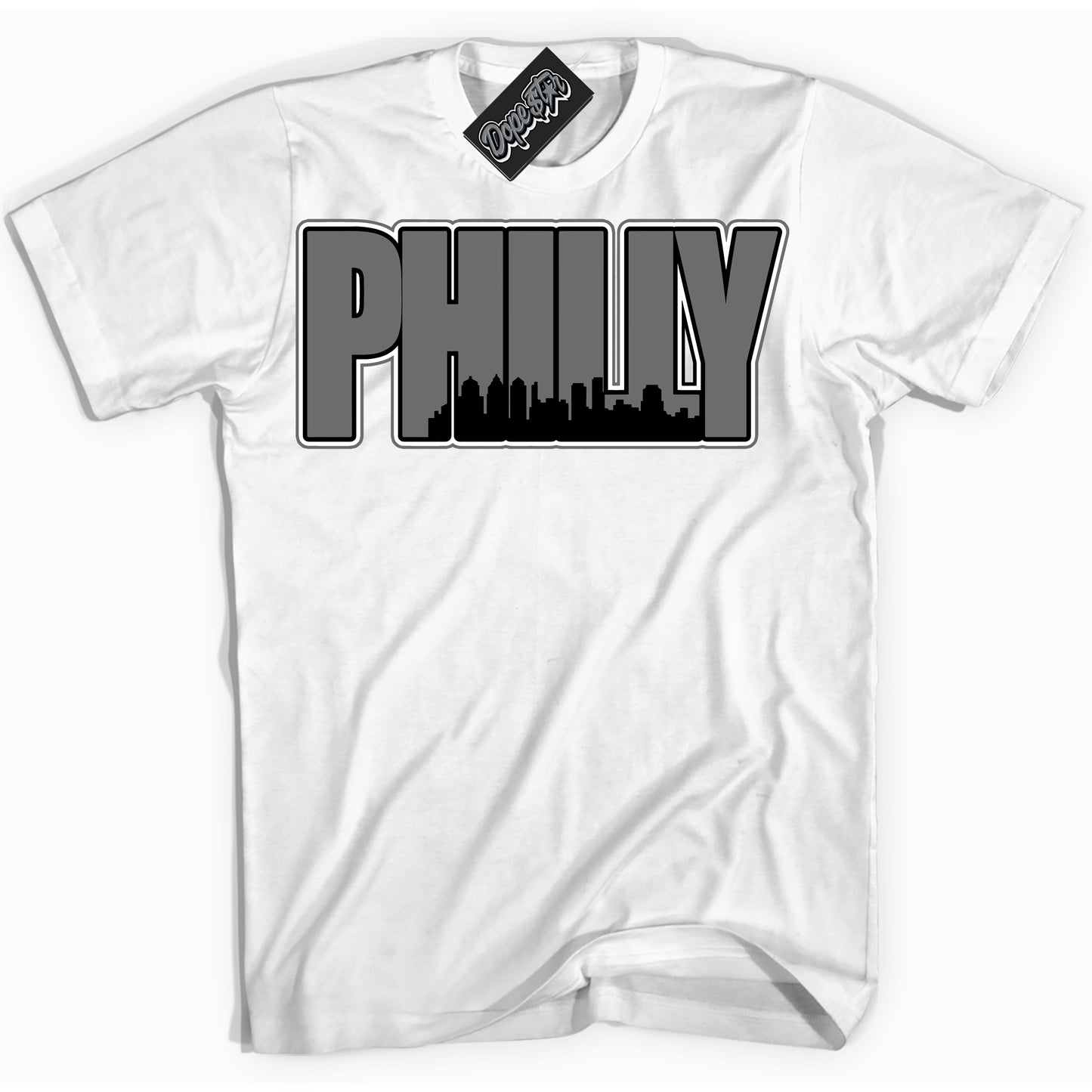 Cool White Shirt with “Philly” design that perfectly matches the Iron Grey 1s Jordans.
