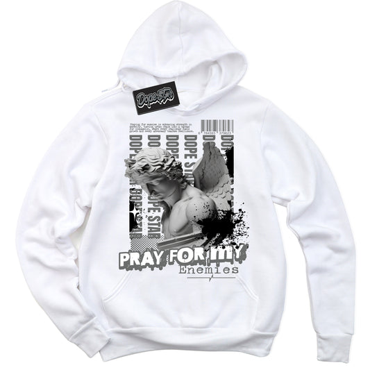 Cool White Hoodie with “Pray Enemies” design that Perfectly Matches Iron Grey 1s Jordans.