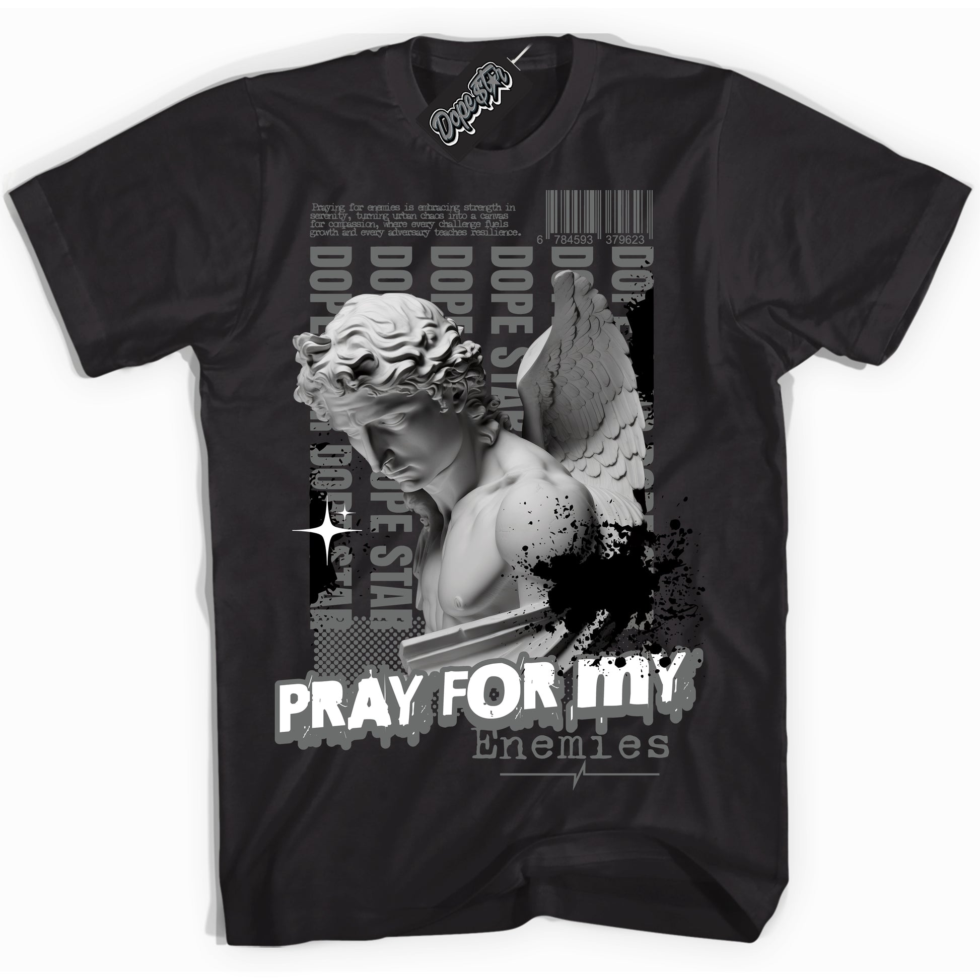 Cool Black Shirt with “Pray Enemies” design that perfectly matches the Iron Grey 1s Jordans.