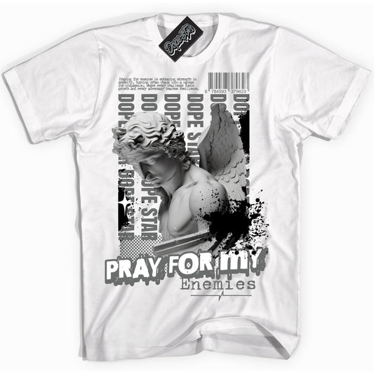 Cool White Shirt with “Pray Enemies” design that perfectly matches the Iron Grey 1s Jordans.