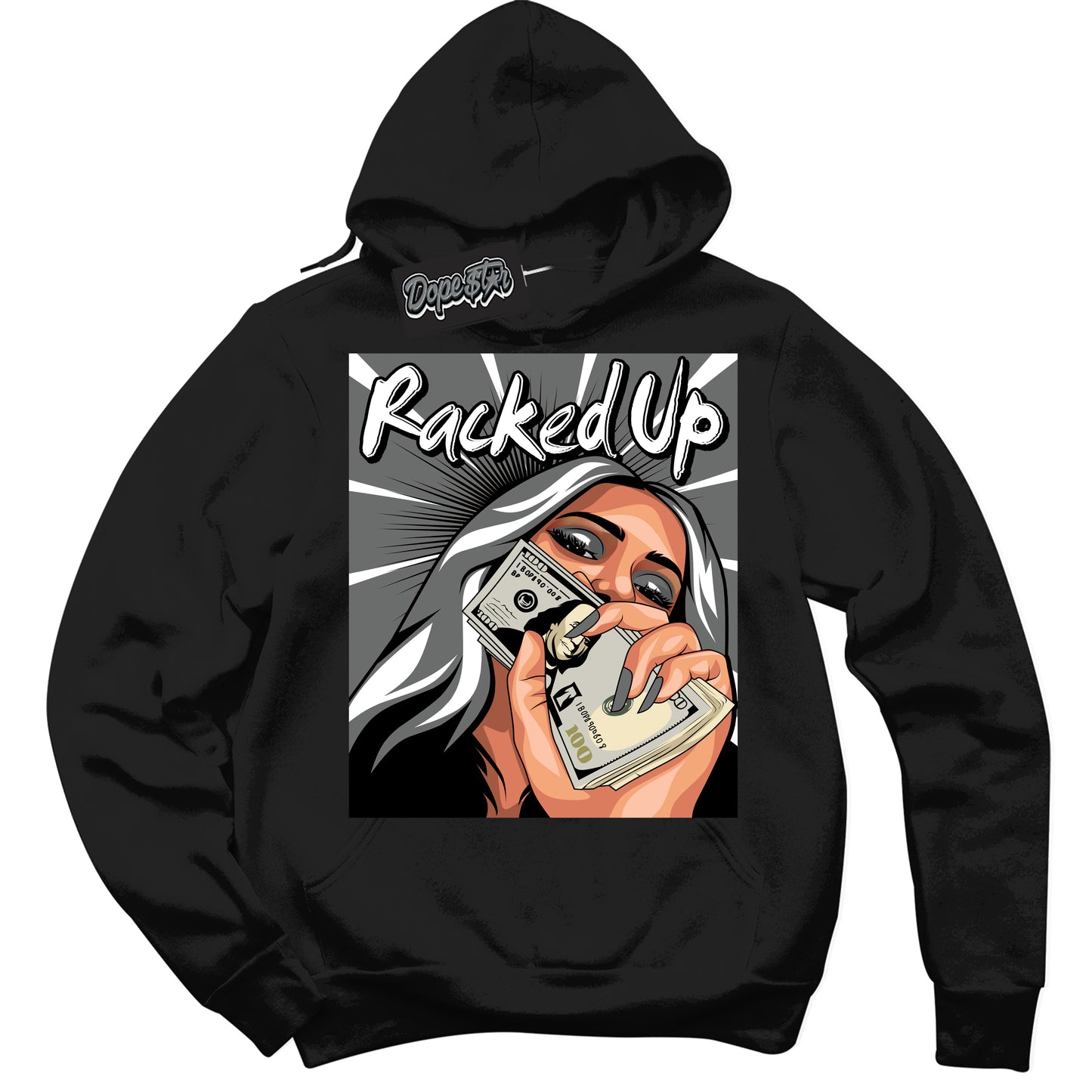 Cool Black Hoodie with “Racked Up” design that Perfectly Matches Iron Grey 1s Jordans.