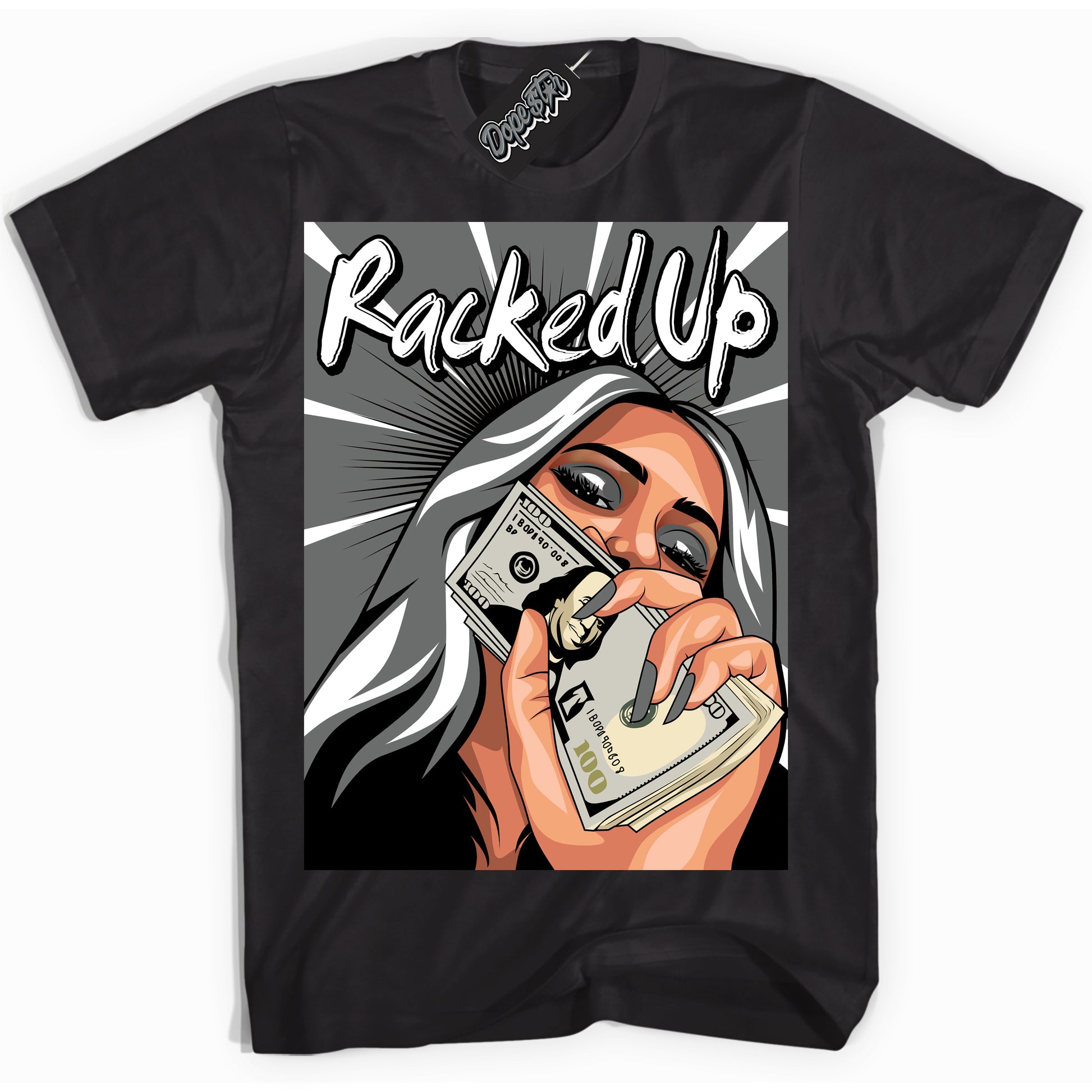Cool Black Shirt with “Racked Up” design that perfectly matches the Iron Grey 1s Jordans.