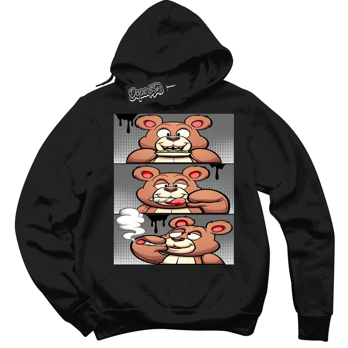 Cool Black Hoodie with “Roll It Lick It Smoke It Bear” design that Perfectly Matches Iron Grey 1s Jordans.
