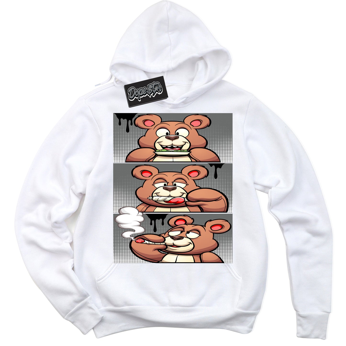 Cool White Hoodie with “Roll It Lick It Smoke It Bear” design that Perfectly Matches Iron Grey 1s Jordans.