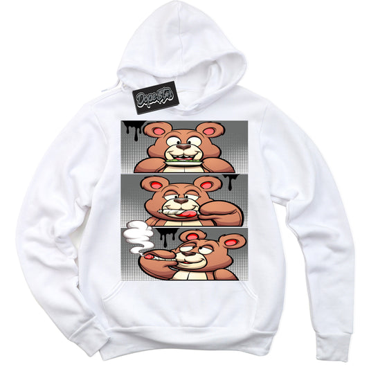Cool White Hoodie with “Roll It Lick It Smoke It Bear” design that Perfectly Matches Iron Grey 1s Jordans.