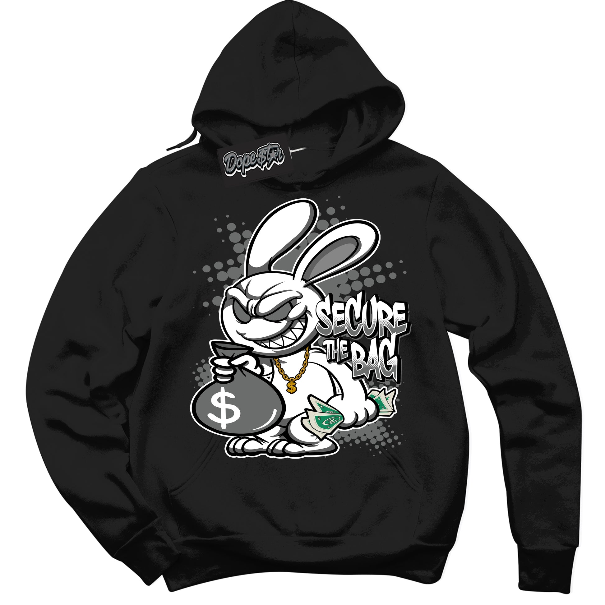 Cool Black Hoodie with “Secure The Bag” design that Perfectly Matches Iron Grey 1s Jordans.