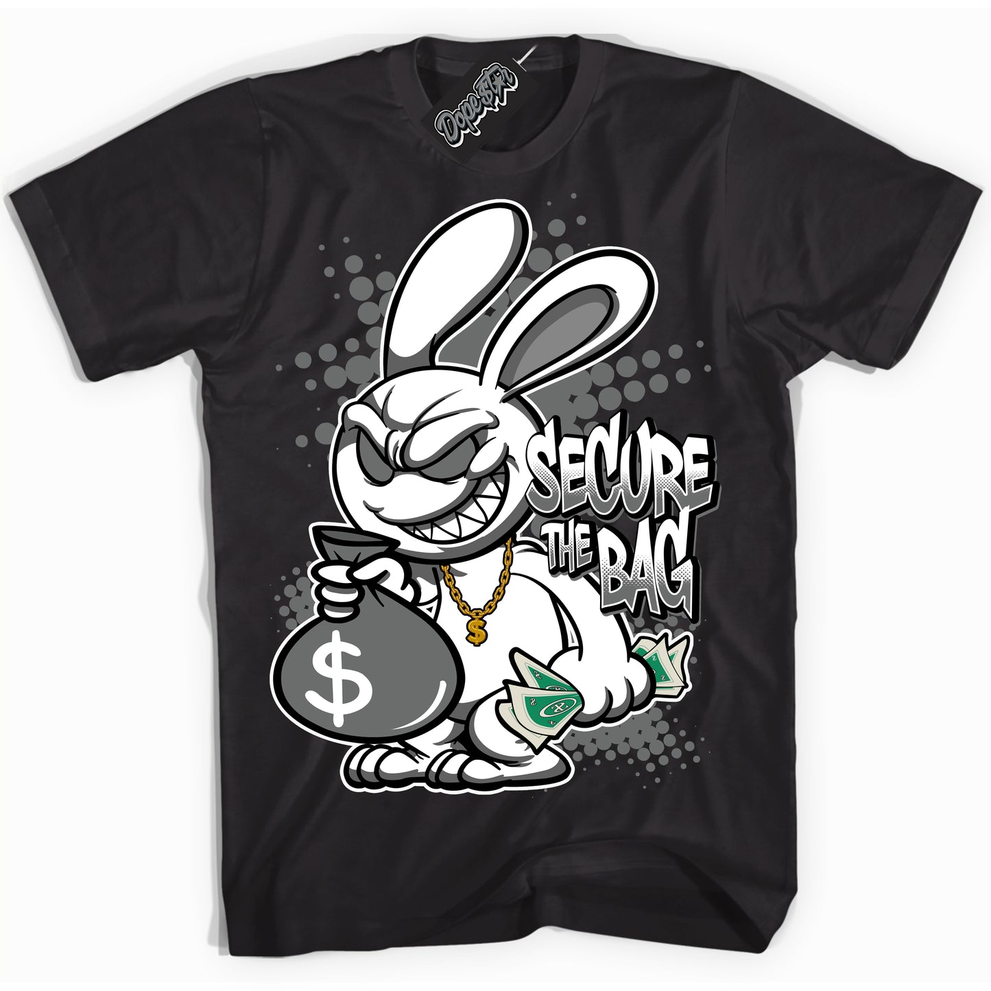 Cool Black Shirt with “Secure The Bag” design that perfectly matches the Iron Grey 1s Jordans.