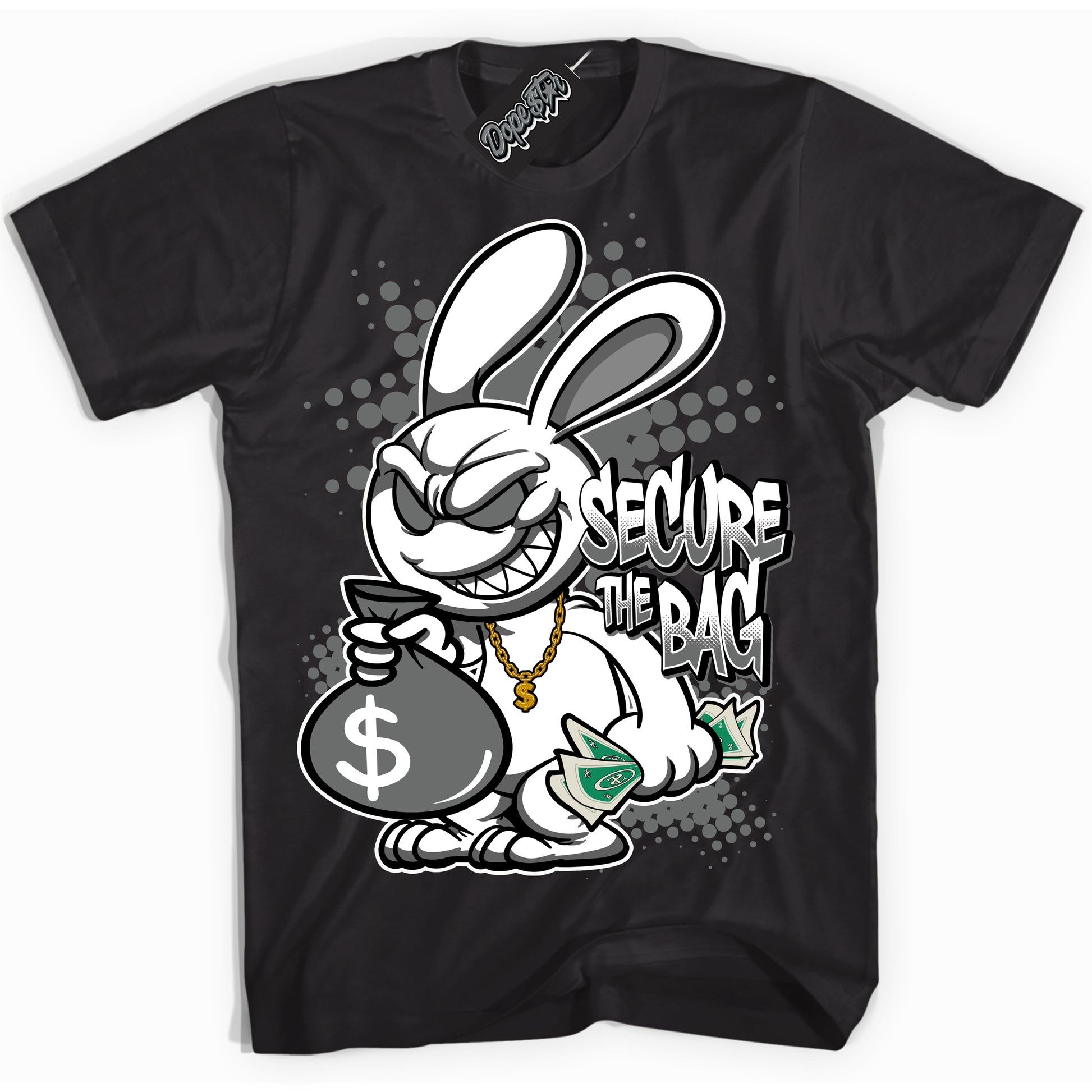 Cool Black Shirt with “Secure The Bag” design that perfectly matches the Iron Grey 1s Jordans.