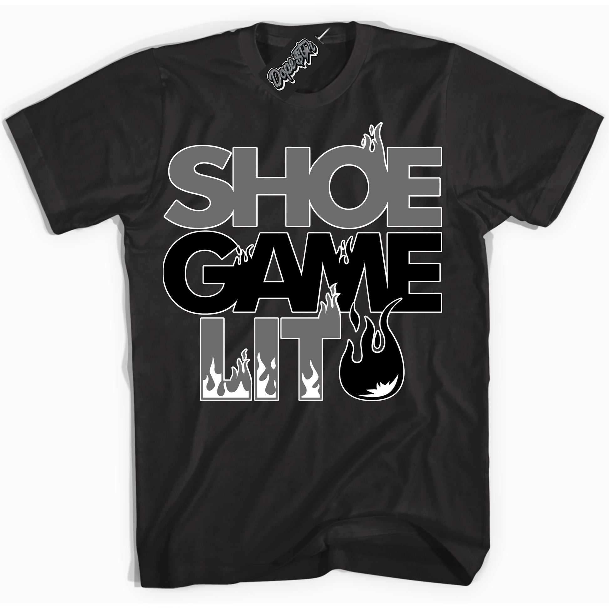 Cool Black Shirt with “Shoe Game Lit” design that perfectly matches the Iron Grey 1s Jordans.