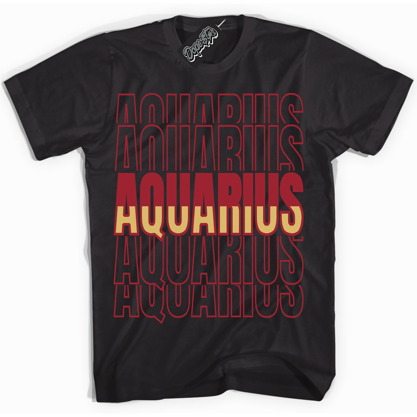 Cool Black Shirt with “ Aquarius ” design that perfectly matches Method of Make Gym Red Metallic Gold 1s Jordans.