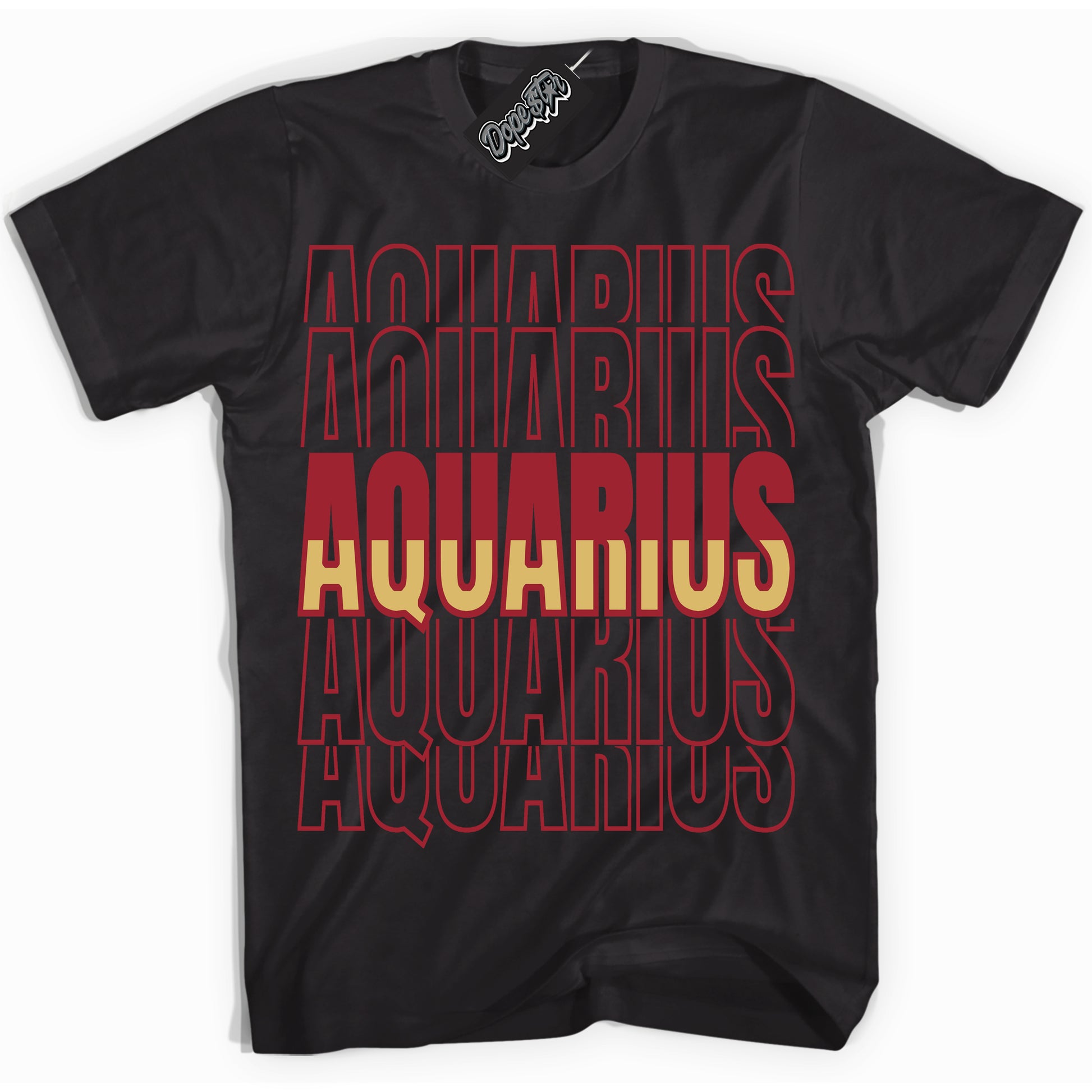 Cool Black Shirt with “ Aquarius ” design that perfectly matches Method of Make Gym Red Metallic Gold 1s Jordans.