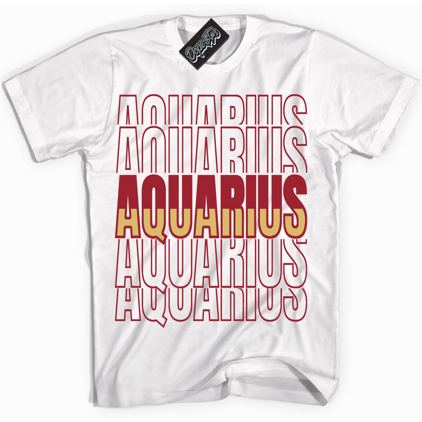Cool White Shirt with “ Aquarius ” design that perfectly matches Method of Make Gym Red Metallic Gold 1s Jordans.