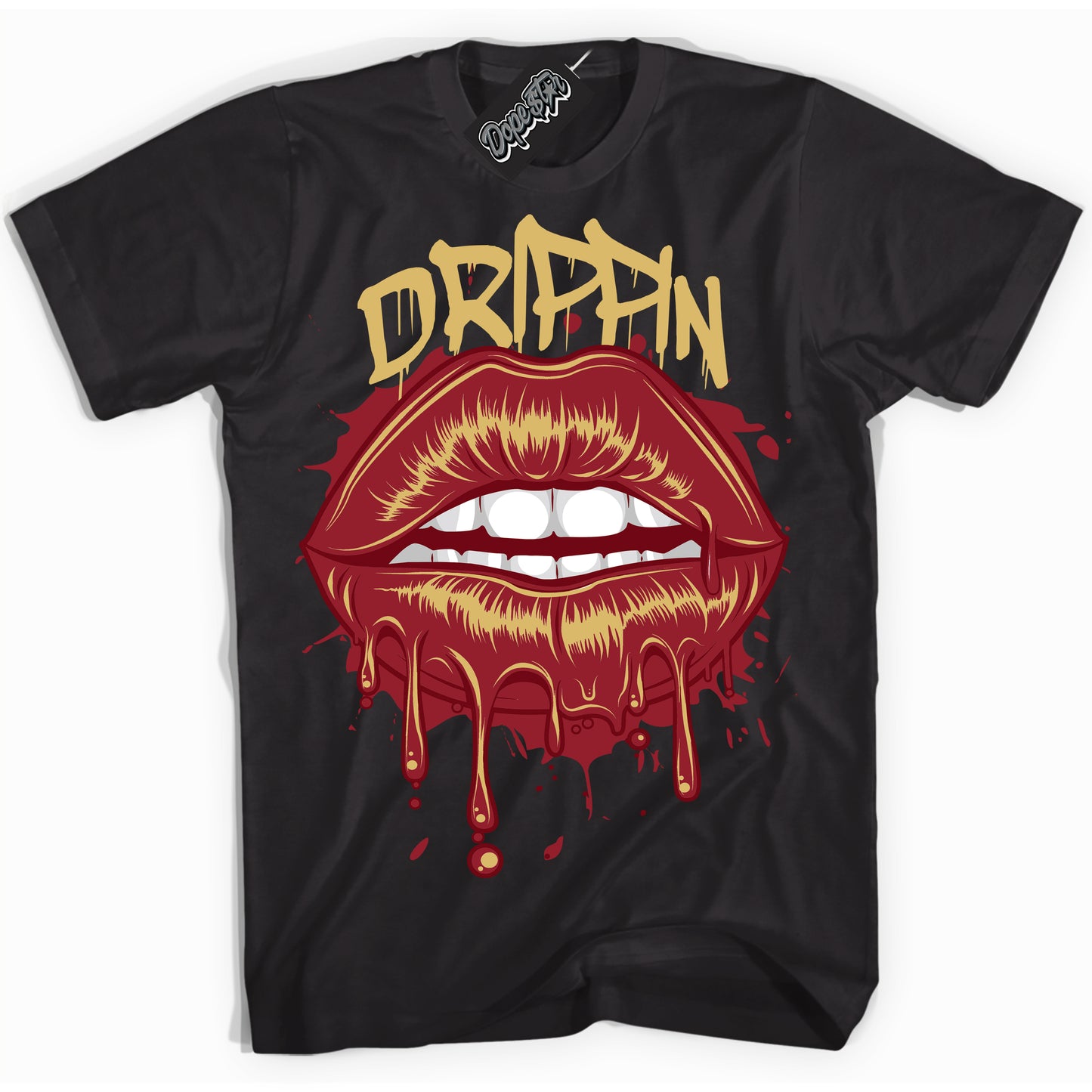 Cool Black Shirt with “ Drippin ” design that perfectly matches Method of Make Gym Red Metallic Gold 1s Jordans.