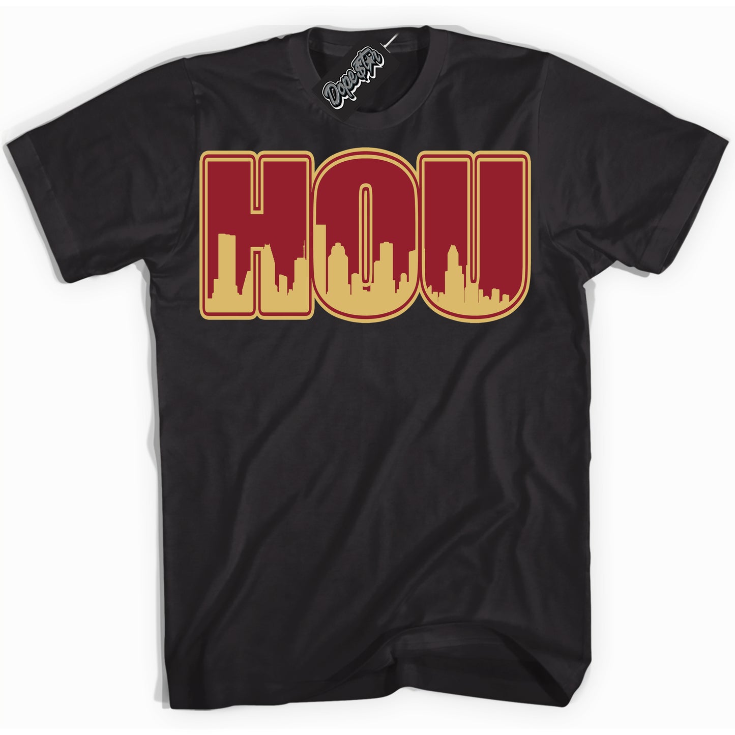 Cool Black Shirt with “ Houston ” design that perfectly matches Method of Make Gym Red Metallic Gold 1s Jordans.