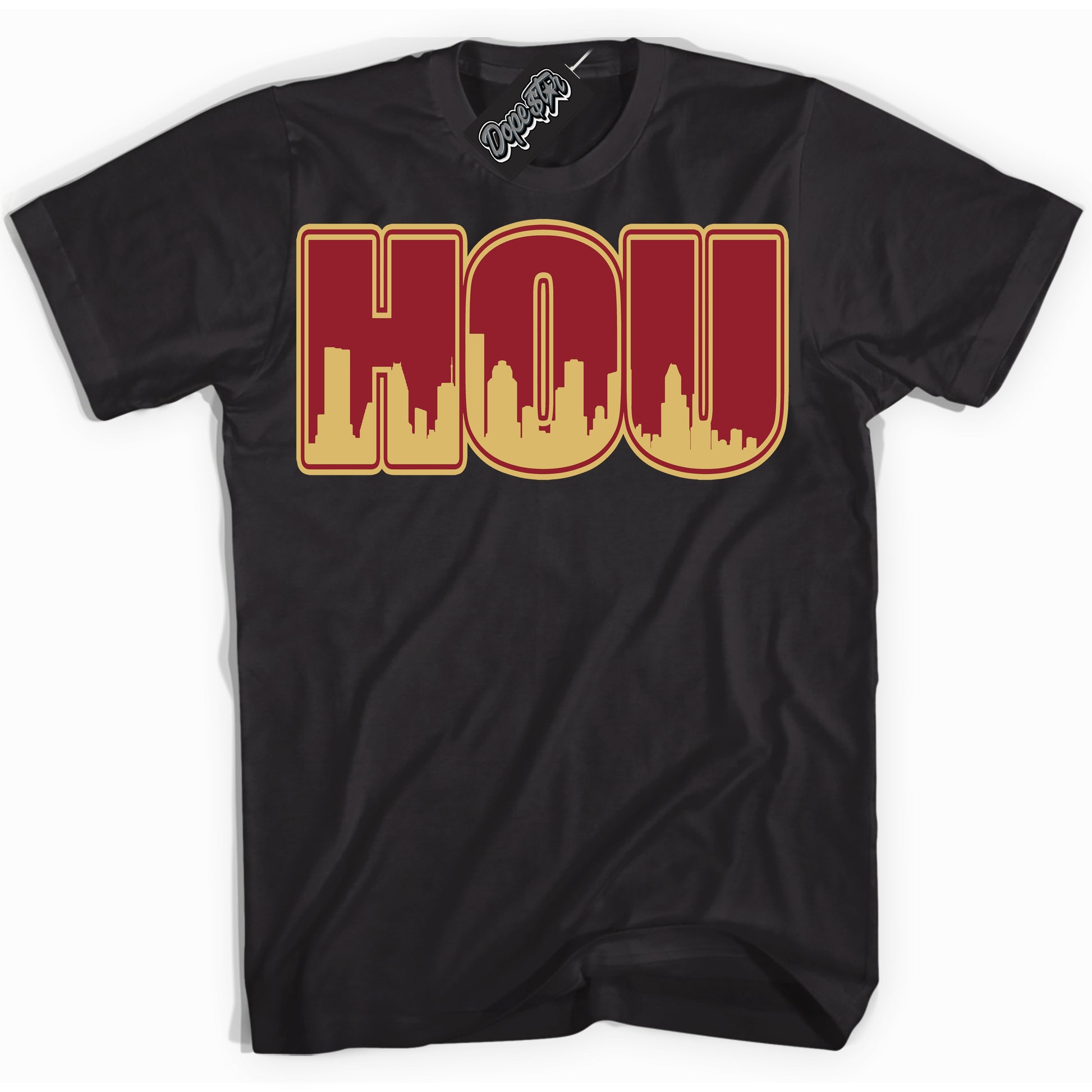 Cool Black Shirt with “ Houston ” design that perfectly matches Method of Make Gym Red Metallic Gold 1s Jordans.