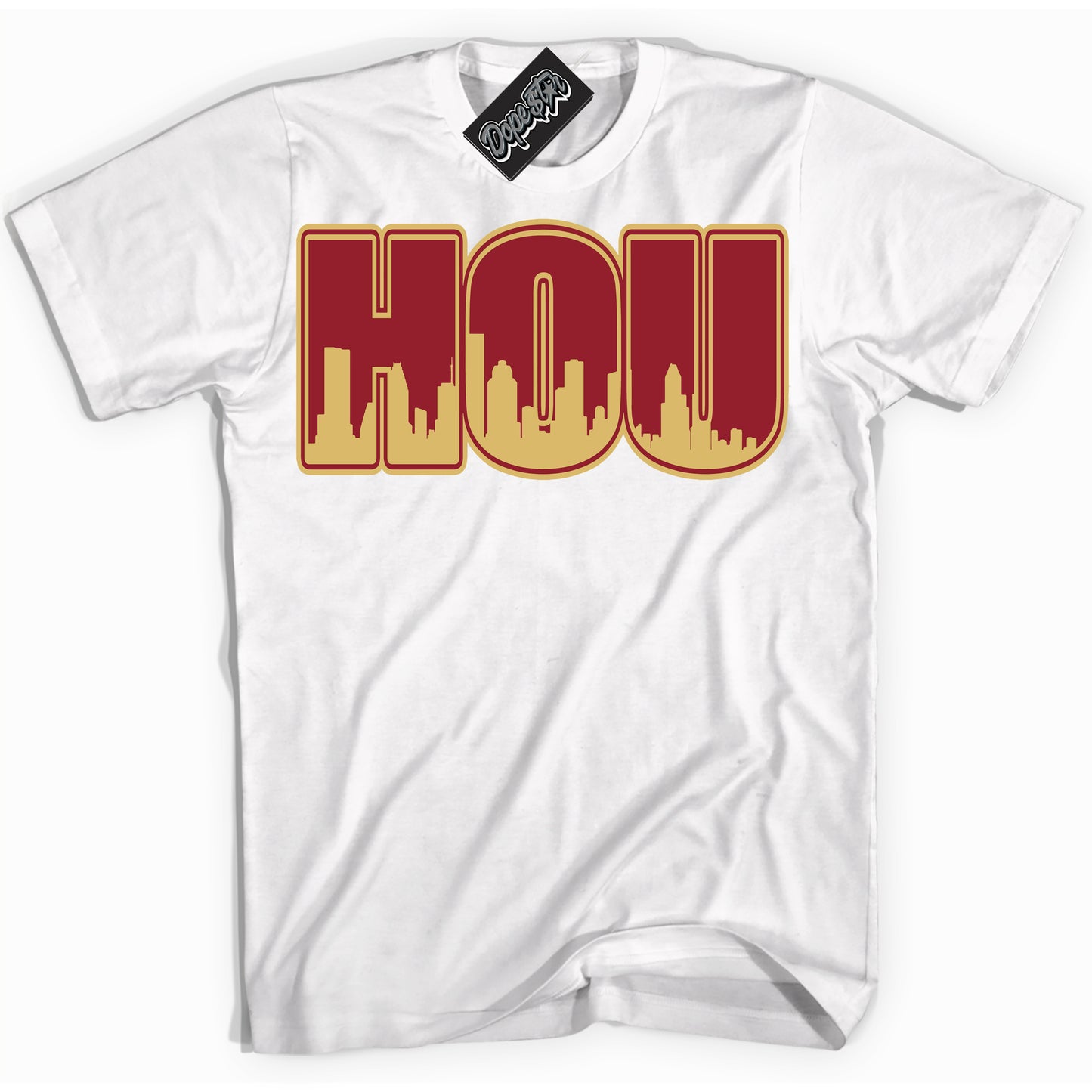 Cool White Shirt with “ Houston ” design that perfectly matches Method of Make Gym Red Metallic Gold 1s Jordans.