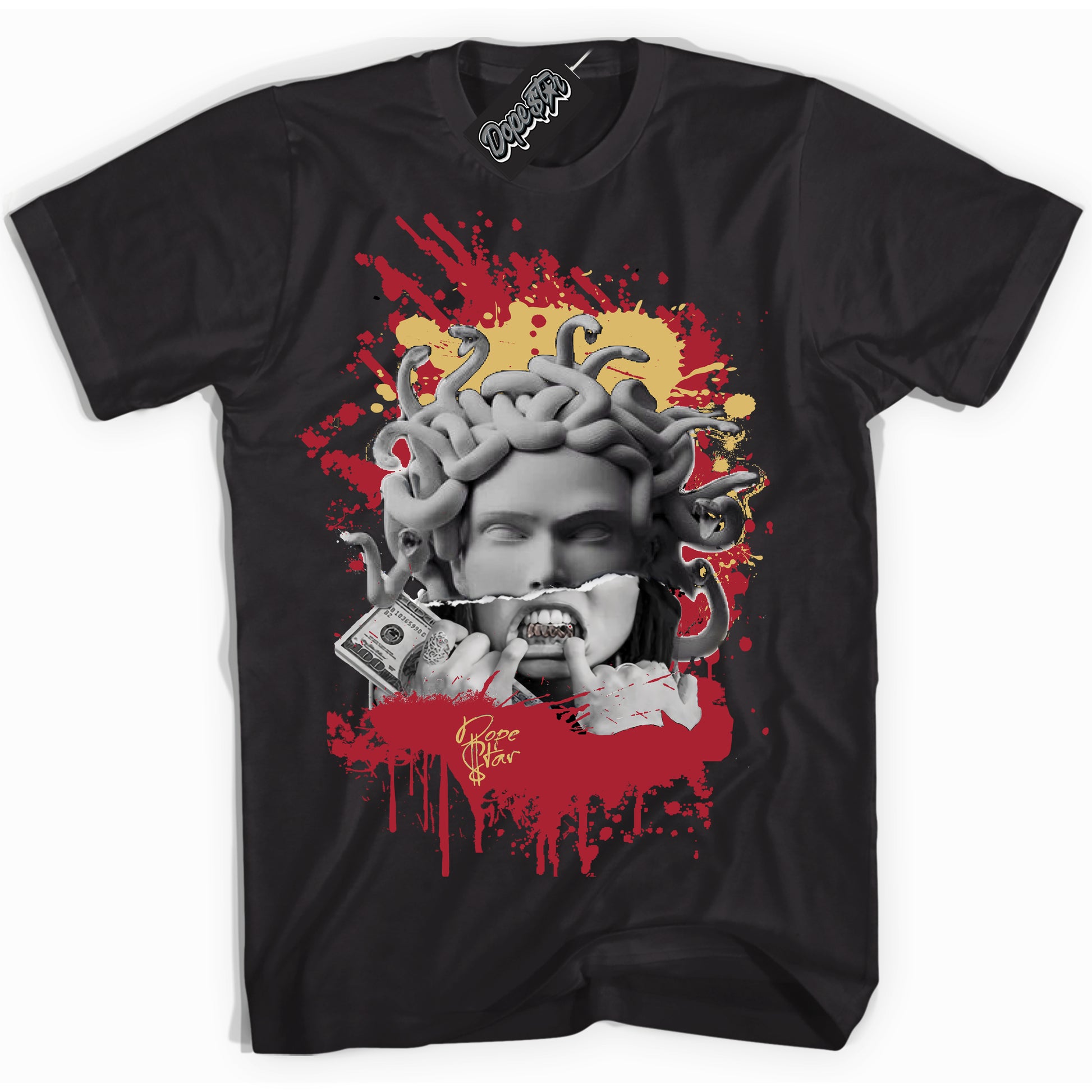 Cool Black Shirt with “ Medusa  ” design that perfectly matches Method of Make Gym Red Metallic Gold 1s Jordans.