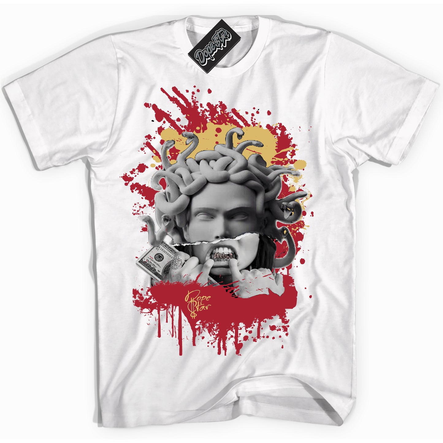 Cool White Shirt with “ Medusa  ” design that perfectly matches Method of Make Gym Red Metallic Gold 1s Jordans.
