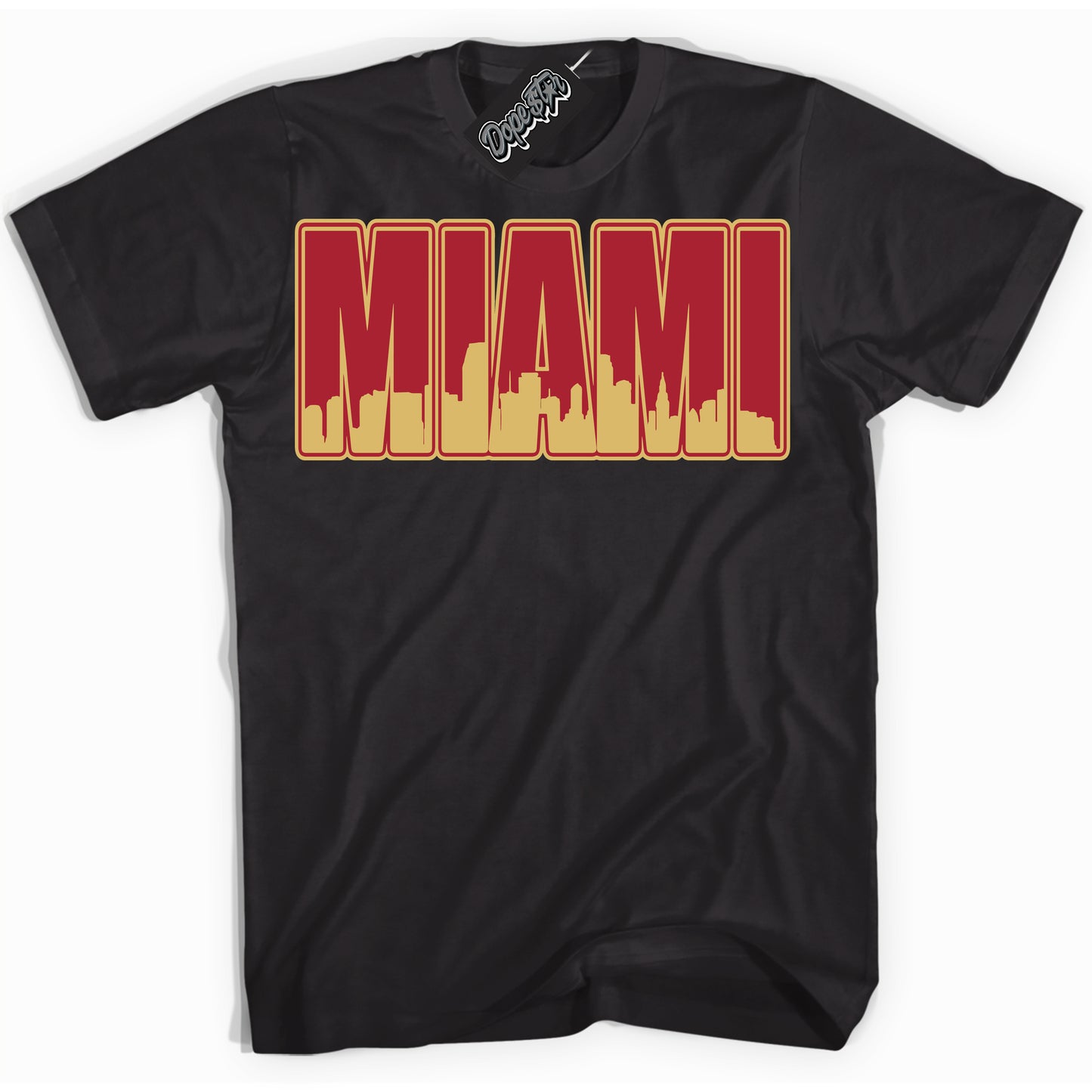 Cool Black Shirt with “ Miami  ” design that perfectly matches Method of Make Gym Red Metallic Gold 1s Jordans.